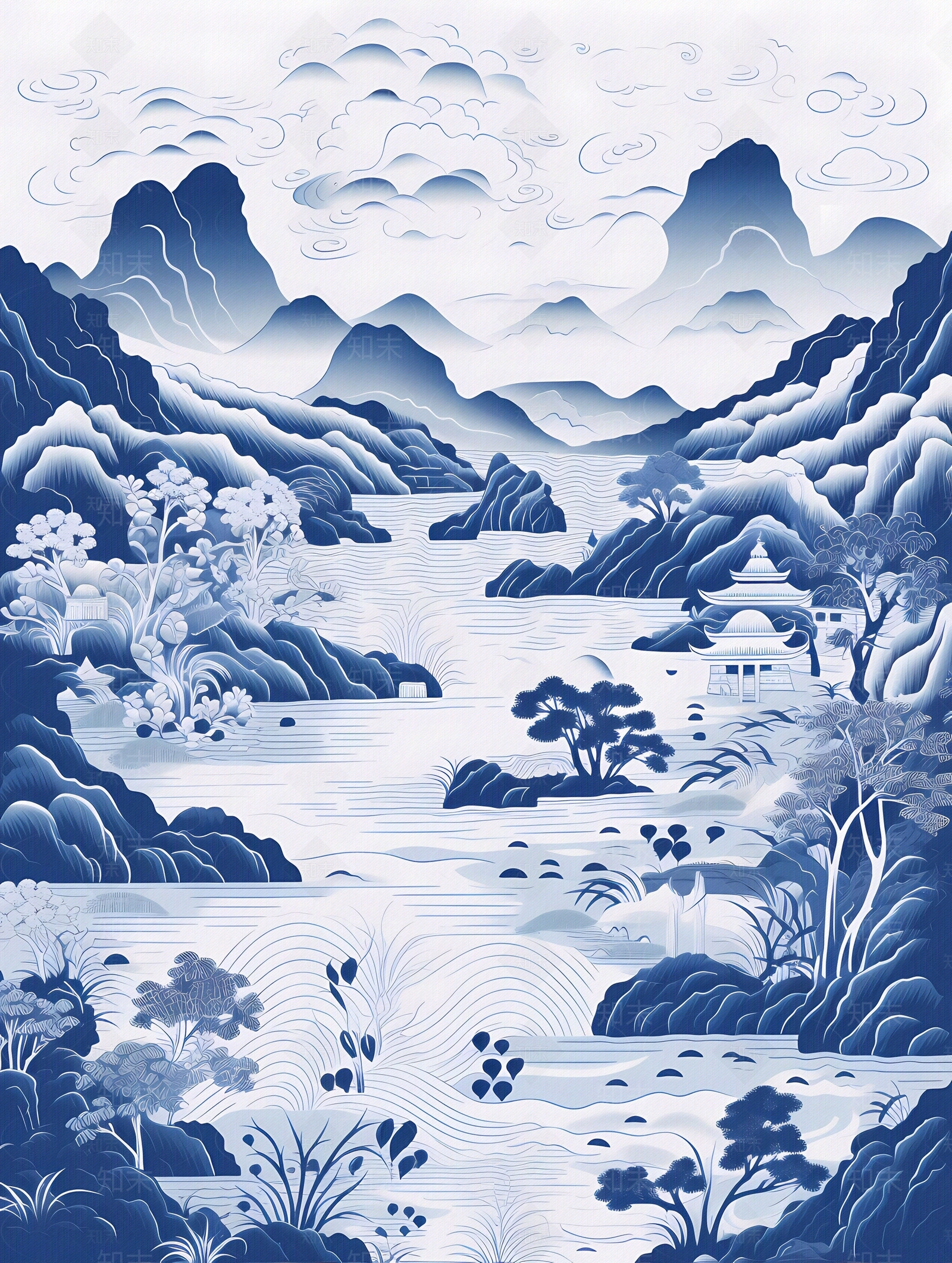 大美国风新中式青花瓷蓝色山水风景画中国风壁画贴图下载【ID:1157935557】