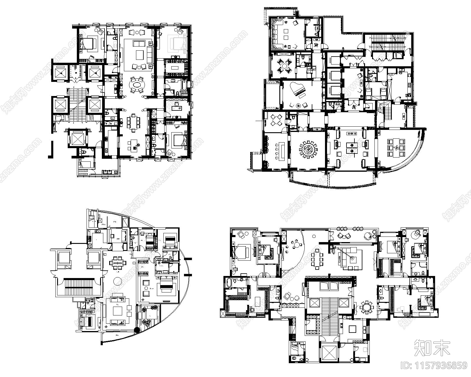 经典60个大平层户型平面方案cad施工图下载【ID:1157936859】