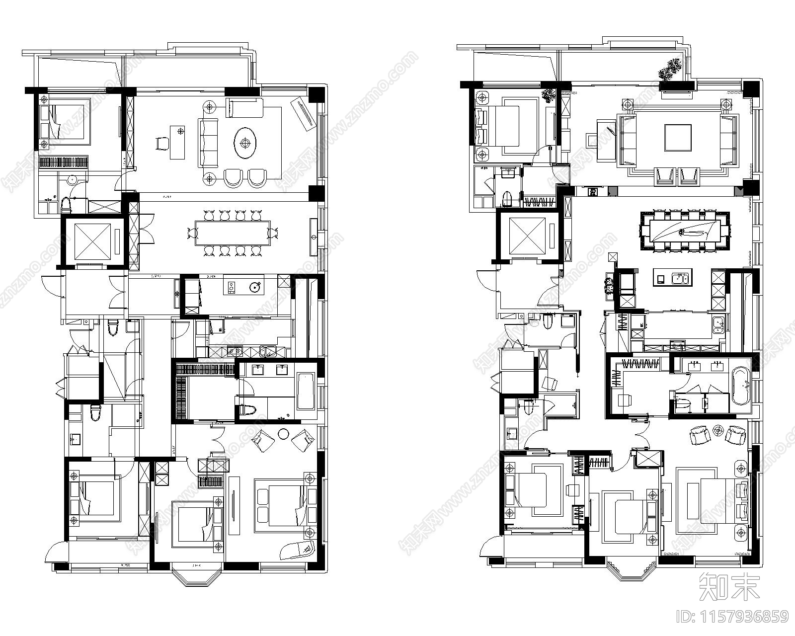 经典60个大平层户型平面方案cad施工图下载【ID:1157936859】