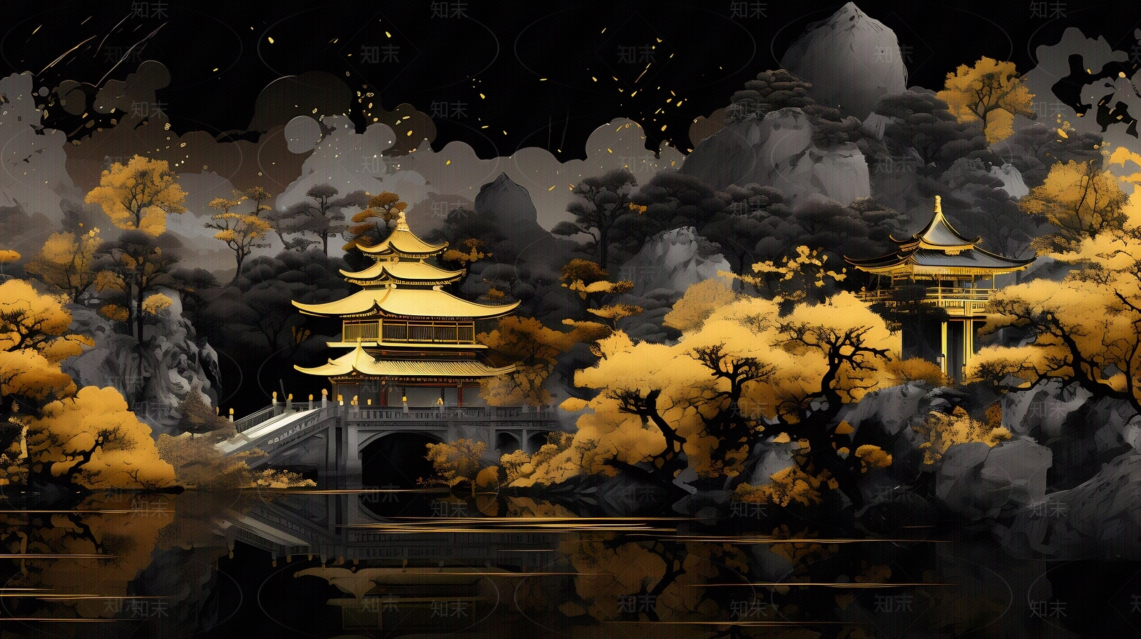 大美国风新中式亭台楼阁国潮黑金山水风景画中国风壁画贴图下载【ID:1157937705】