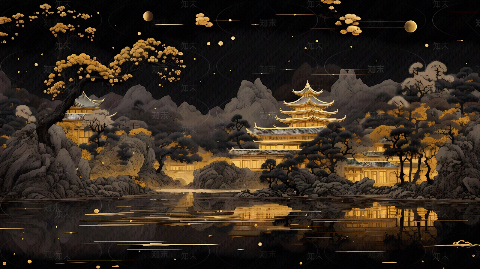 大美国风新中式亭台楼阁国潮黑金山水风景画中国风壁画贴图下载【ID:1157937707】