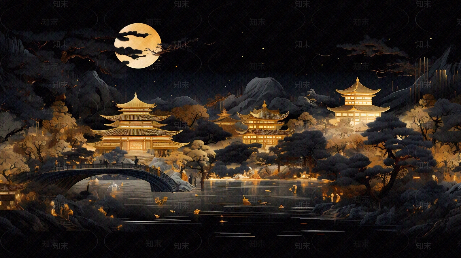 大美国风新中式亭台楼阁国潮黑金山水风景画中国风壁画贴图下载【ID:1157937882】