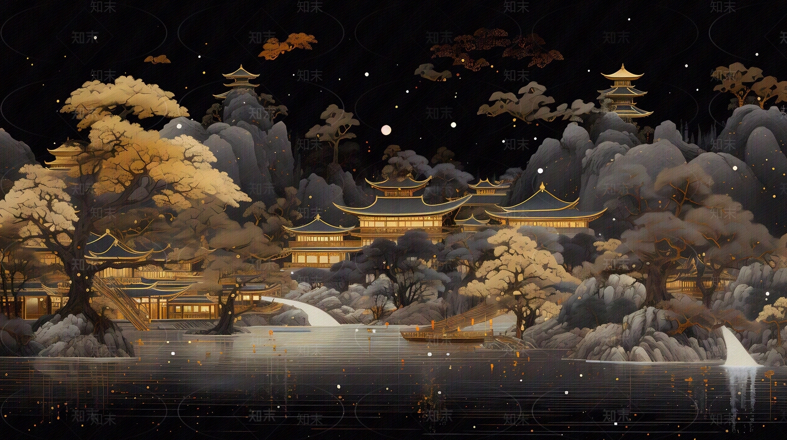 大美国风新中式亭台楼阁国潮黑金山水风景画中国风壁画贴图下载【ID:1157938025】