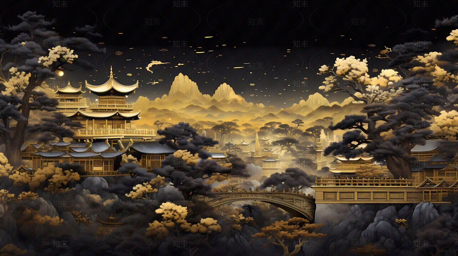 大美国风新中式亭台楼阁国潮黑金山水风景画中国风壁画贴图下载【ID:1157938186】