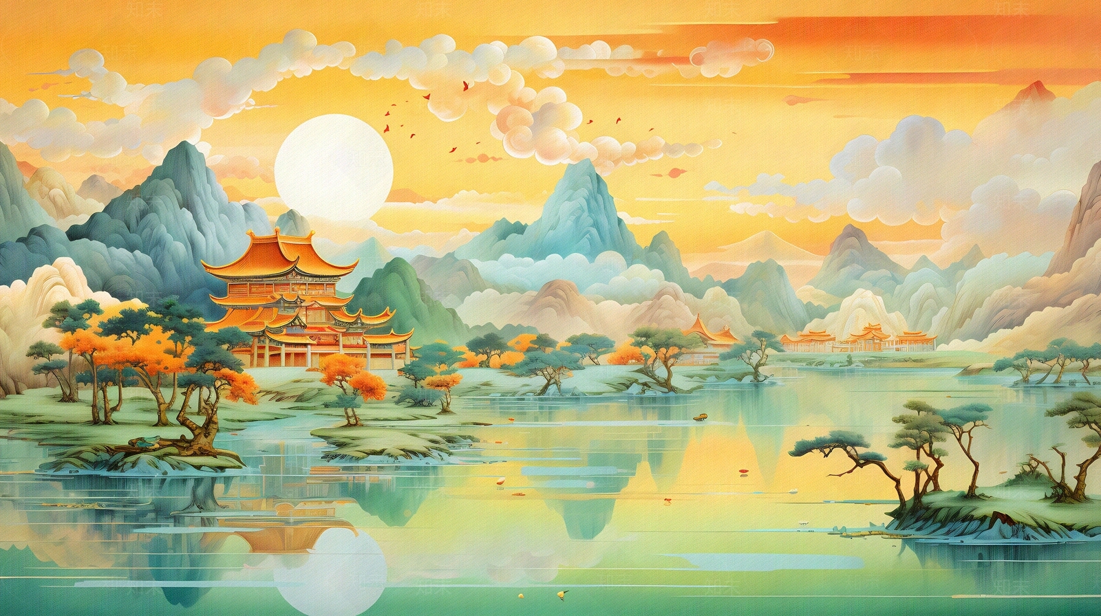 大美国风新中式亭台楼阁国潮山水风景画中国风壁画贴图下载【ID:1157940578】