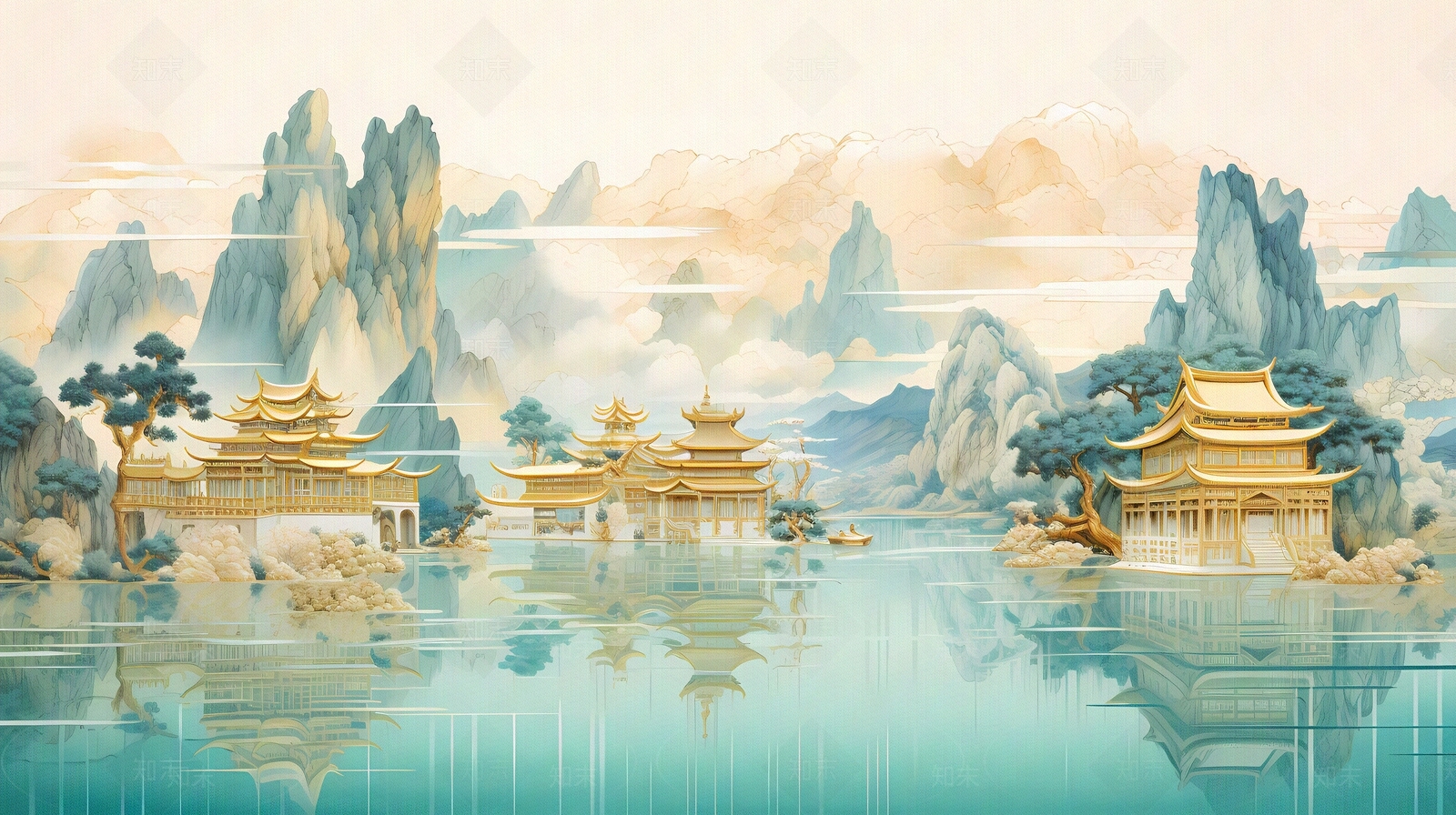 大美国风新中式亭台楼阁国潮山水风景画中国风壁画贴图下载【ID:1157941336】