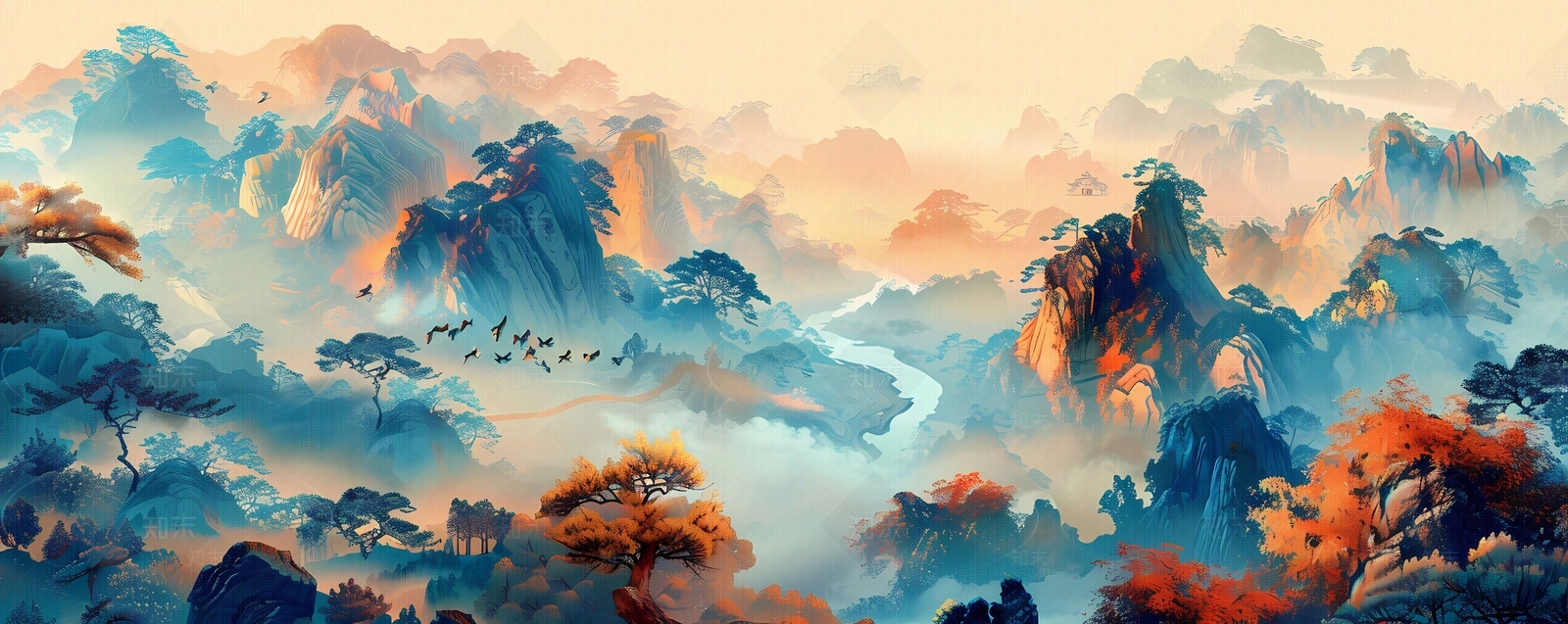 大美国风新中式亭台楼阁国潮山水风景画中国风壁画贴图下载【ID:1157941505】