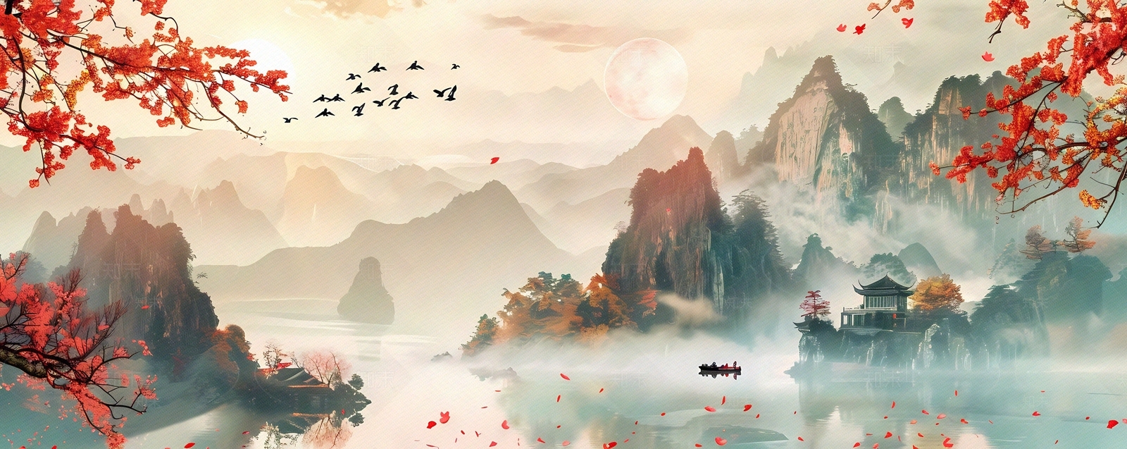 大美国风新中式亭台楼阁国潮山水风景画中国风壁画贴图下载【ID:1157941965】