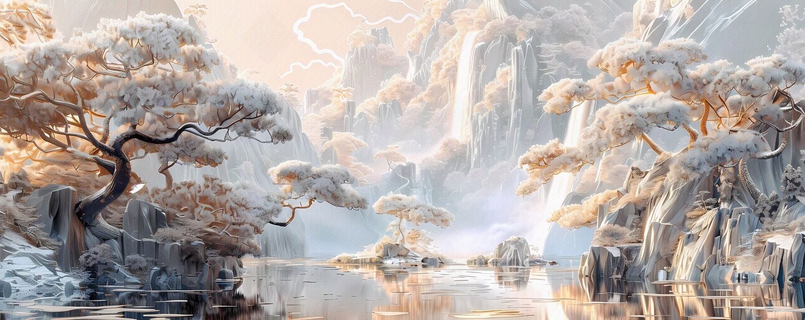 大美国风新中式亭台楼阁国潮山水风景画中国风壁画贴图下载【ID:1157942790】