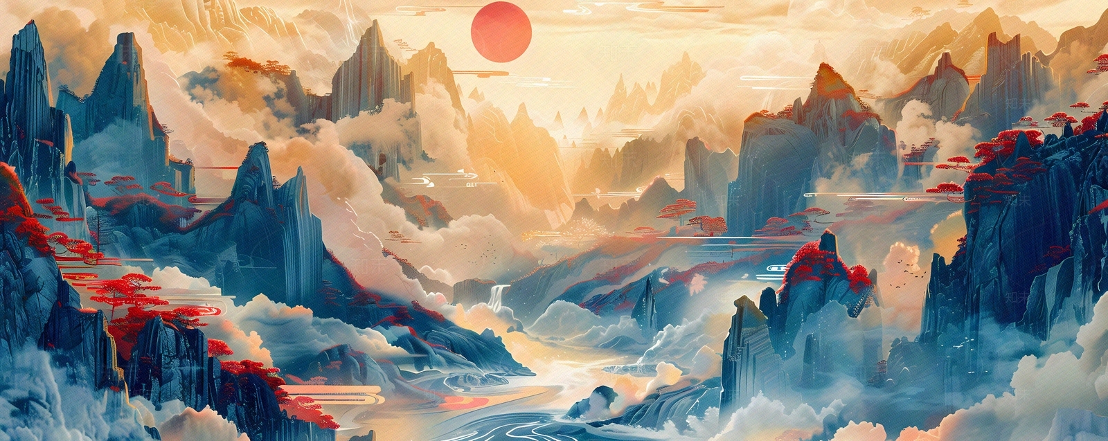 大美国风新中式亭台楼阁国潮山水风景画中国风壁画贴图下载【ID:1157942851】