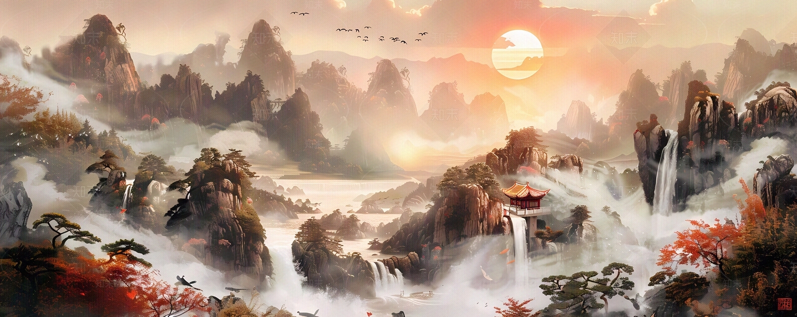 大美国风新中式亭台楼阁国潮山水风景画中国风壁画贴图下载【ID:1157942858】