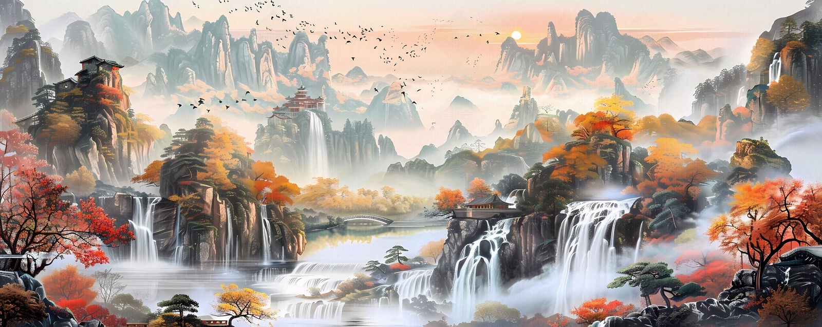 大美国风新中式亭台楼阁国潮山水风景画中国风壁画贴图下载【ID:1157943501】