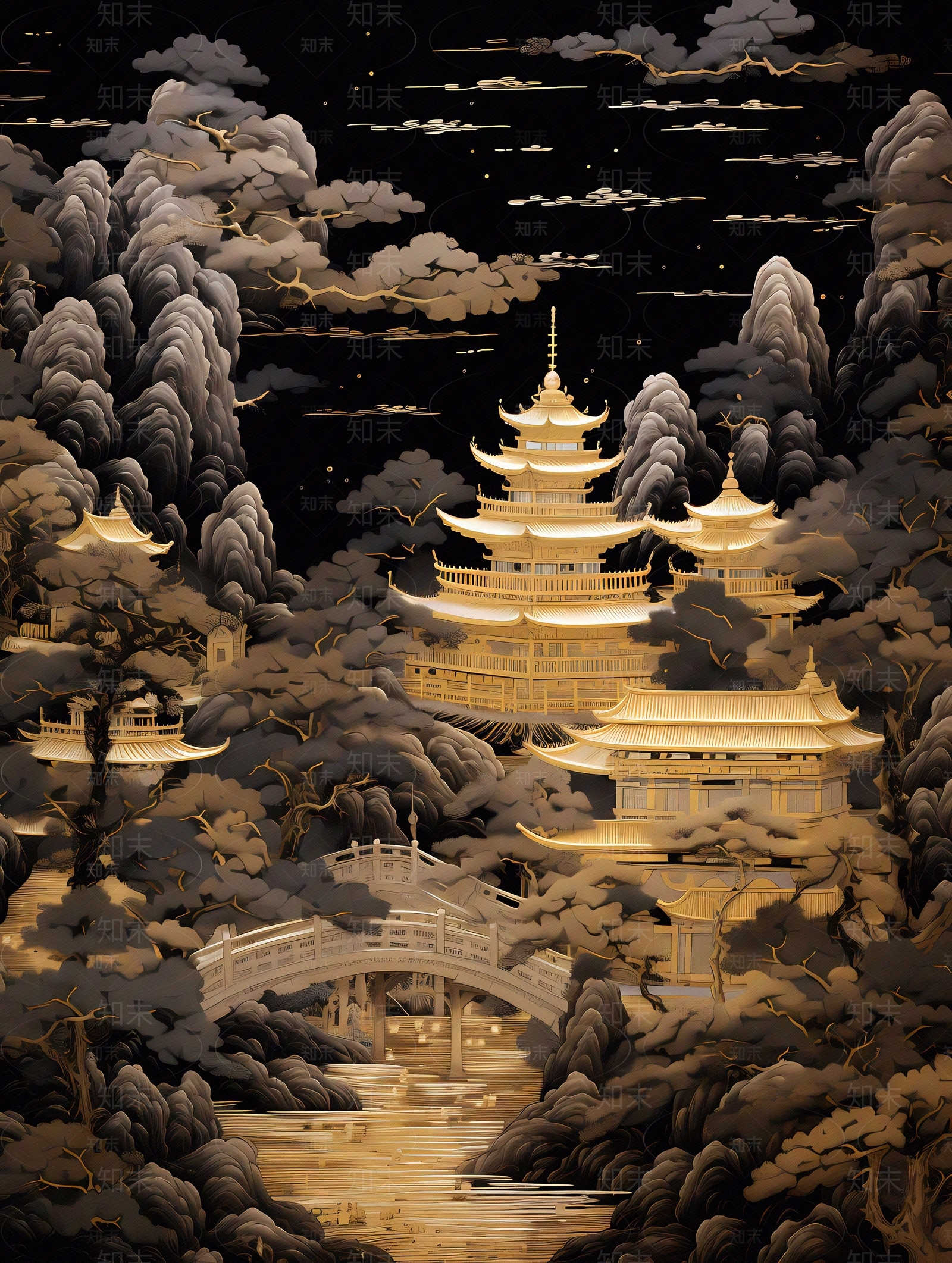 大美国风新中式亭台楼阁黑金山水风景画中国风壁画贴图下载【ID:1157945167】