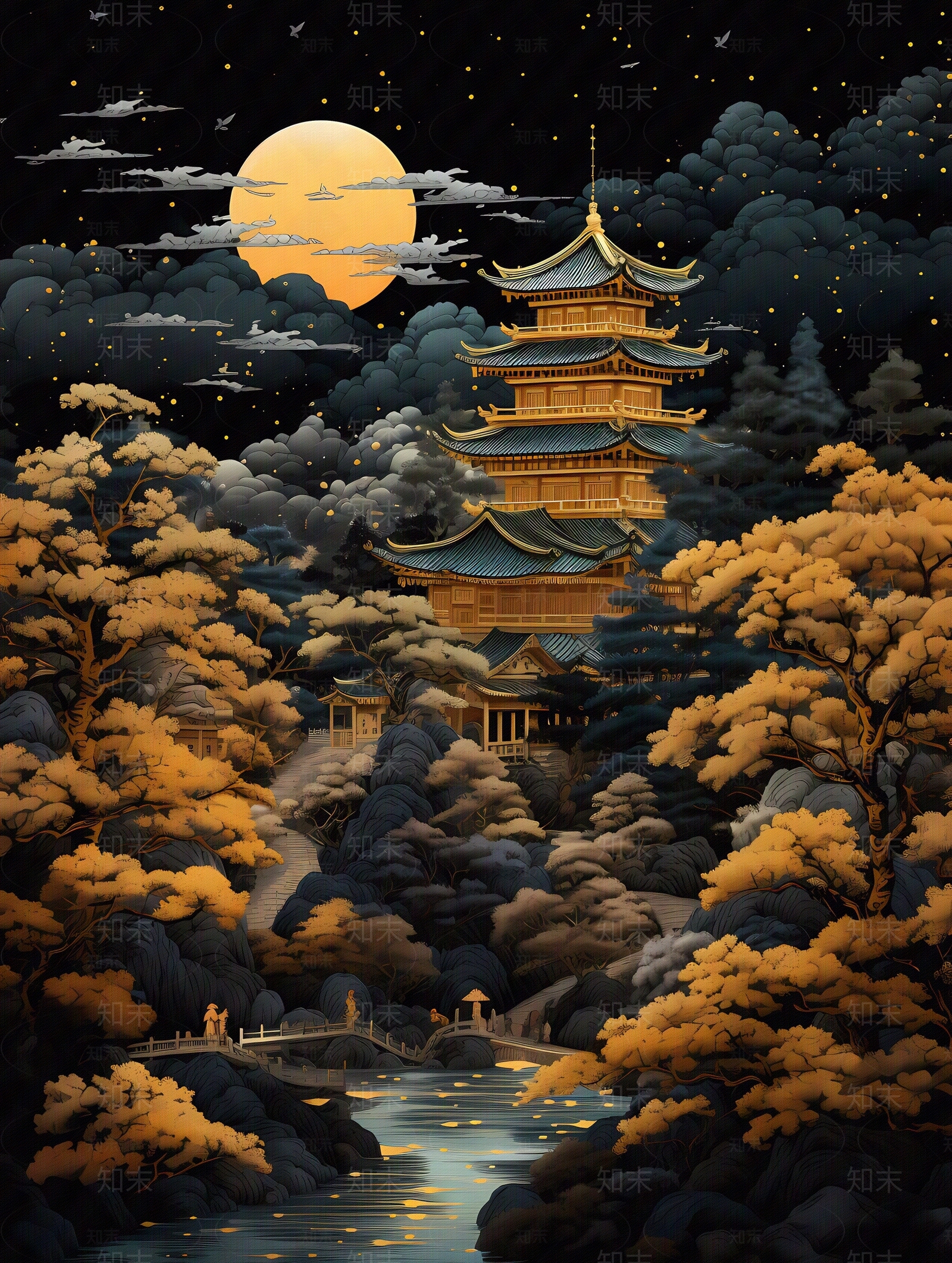 大美国风新中式亭台楼阁黑金山水风景画中国风壁画贴图下载【ID:1157946196】