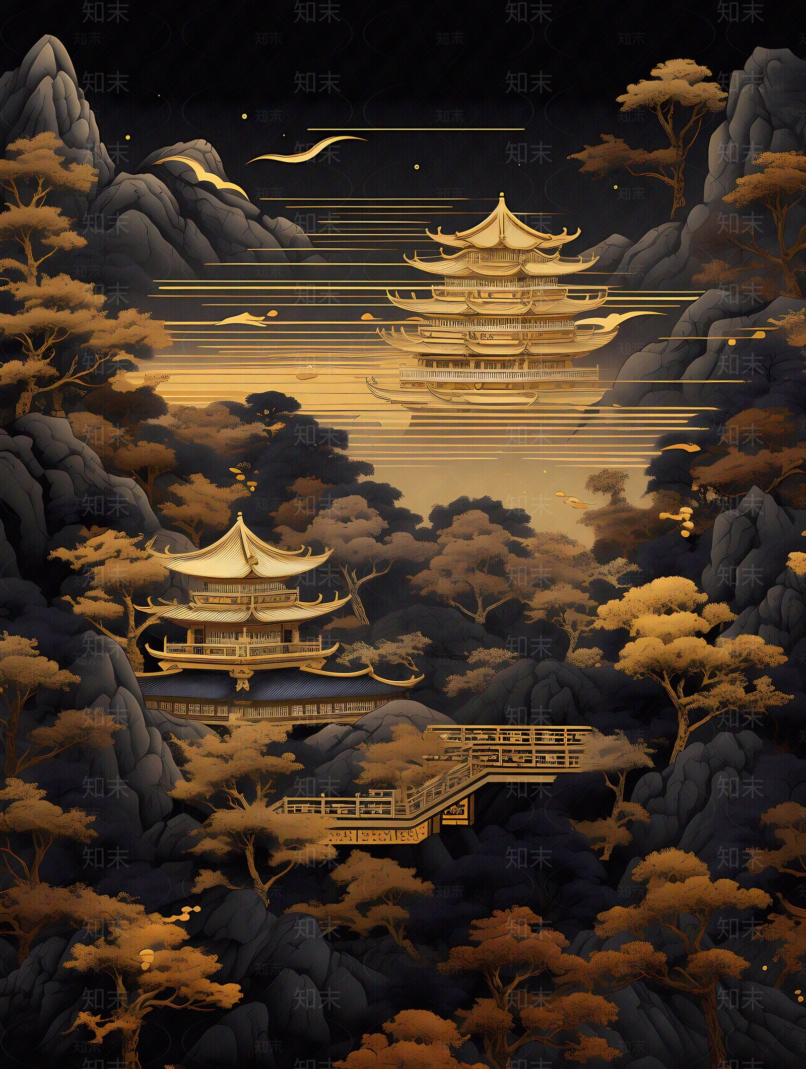 大美国风新中式亭台楼阁黑金山水风景画中国风壁画贴图下载【ID:1157946251】