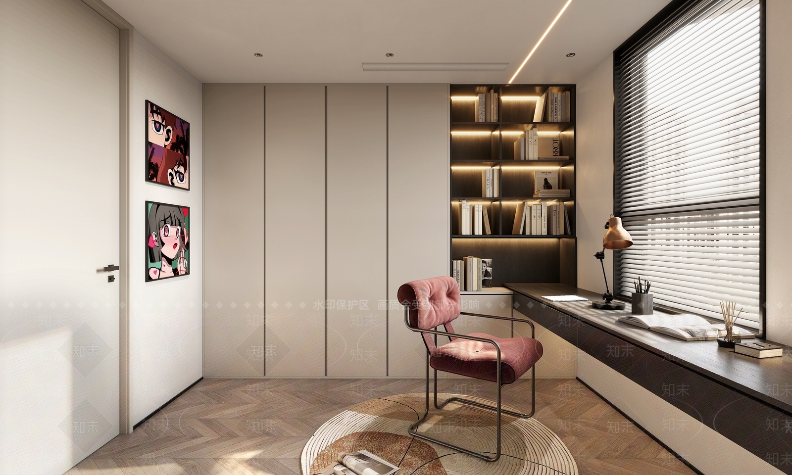 现代极简书房书桌书柜电脑3D模型下载【ID:1157948984】