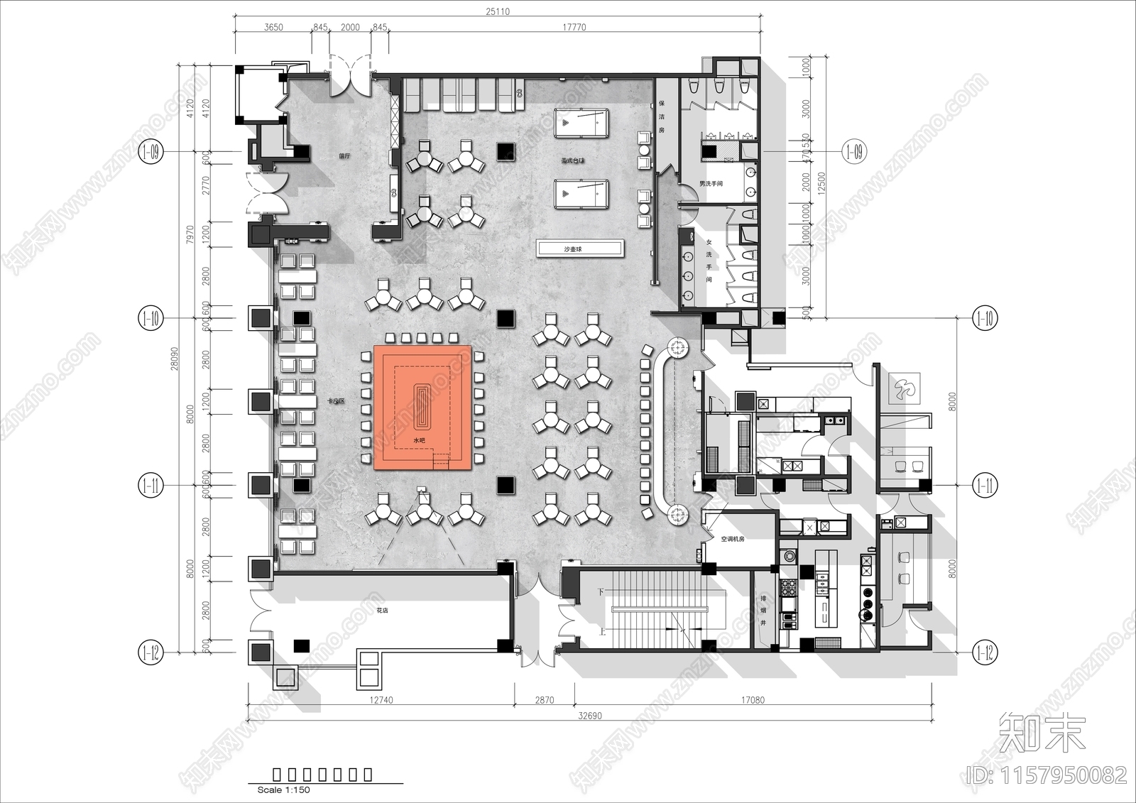 700㎡工业风清吧平面布置图cad施工图下载【ID:1157950082】