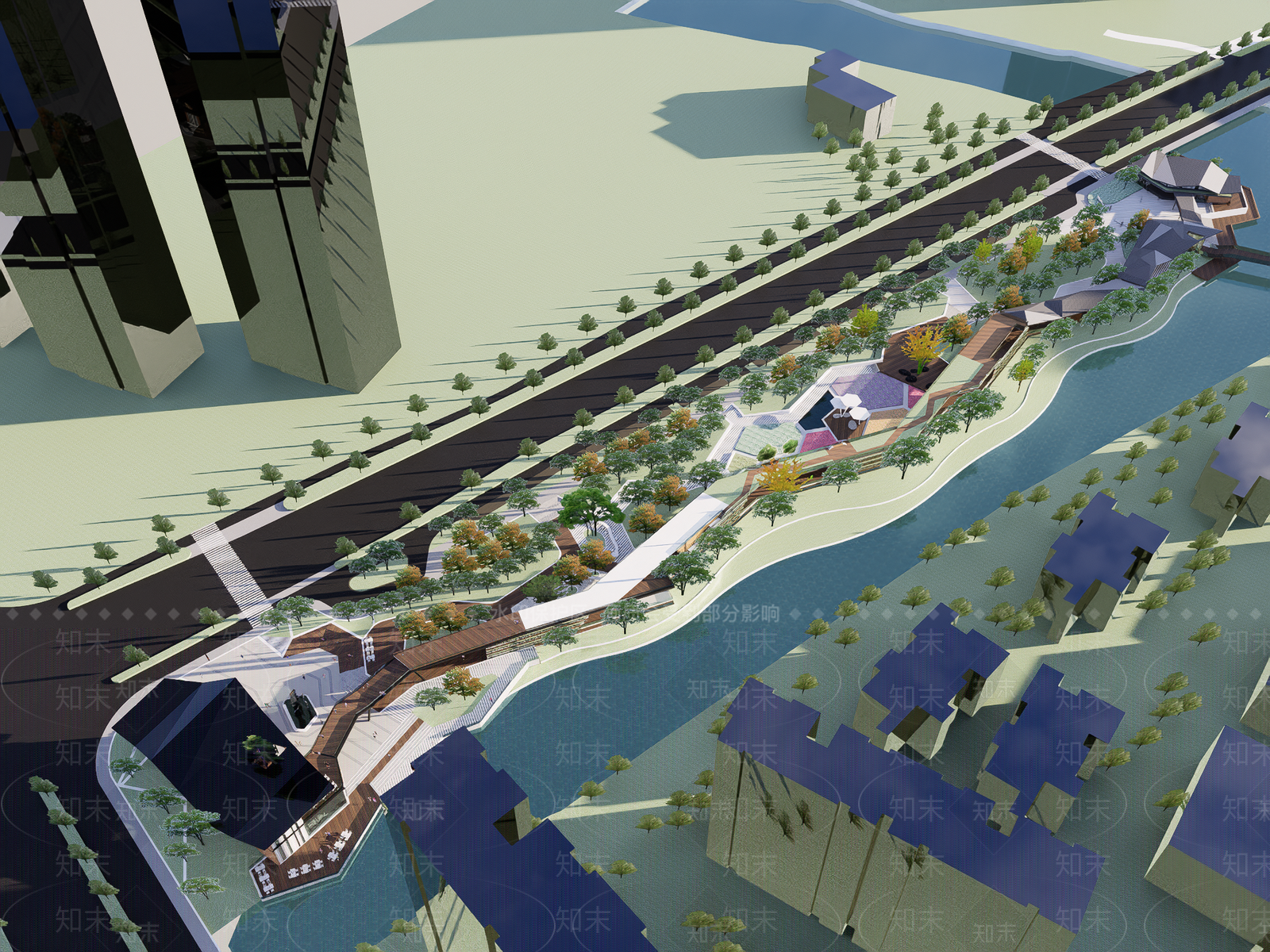 现代滨水折线带状景观空间公园SU模型下载【ID:1157970358】