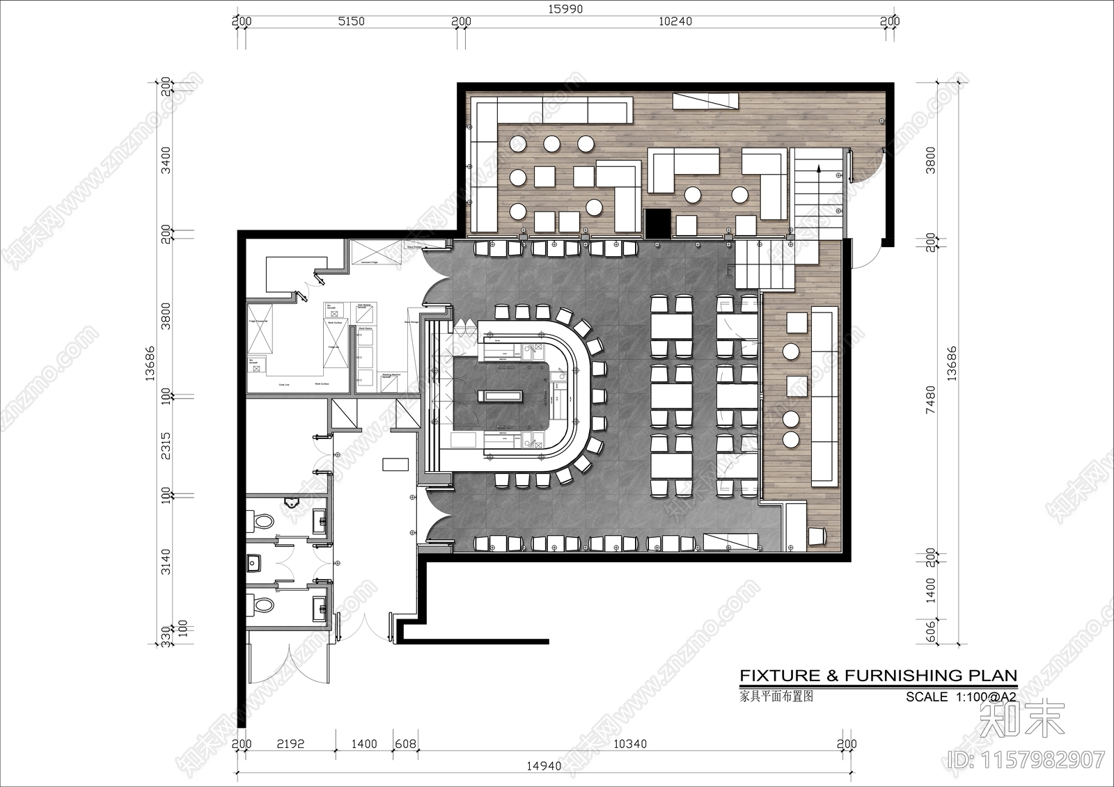 200㎡小酒吧平面布置图施工图下载【ID:1157982907】