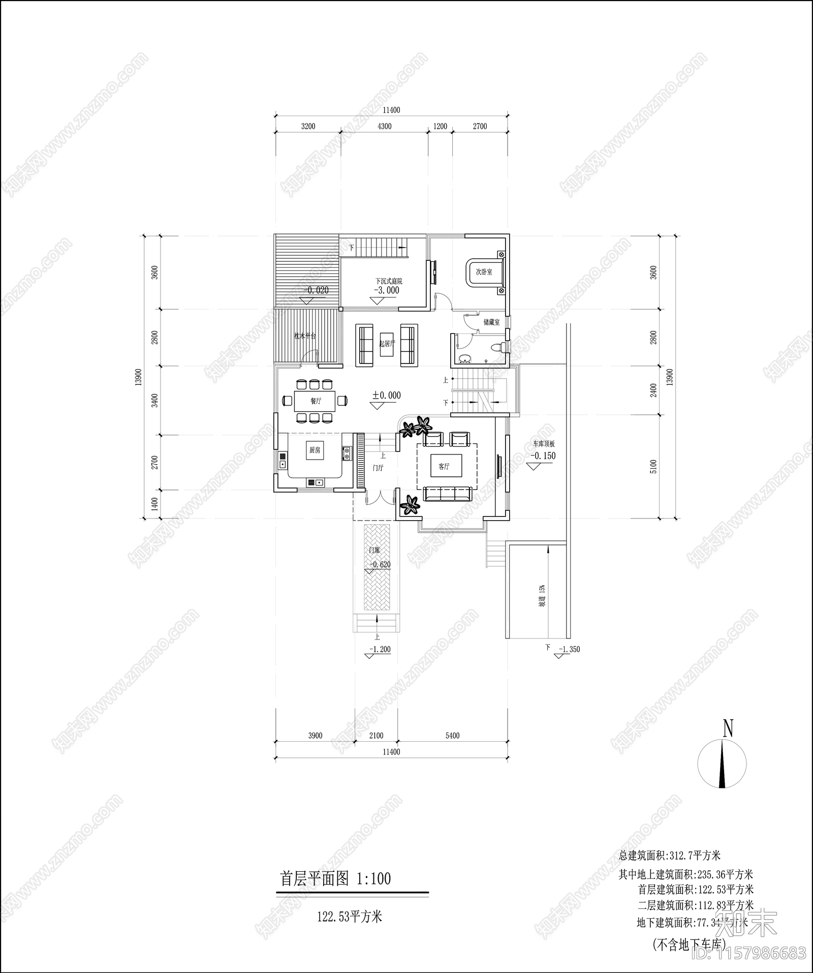 310平米别墅平面图cad施工图下载【ID:1157986683】