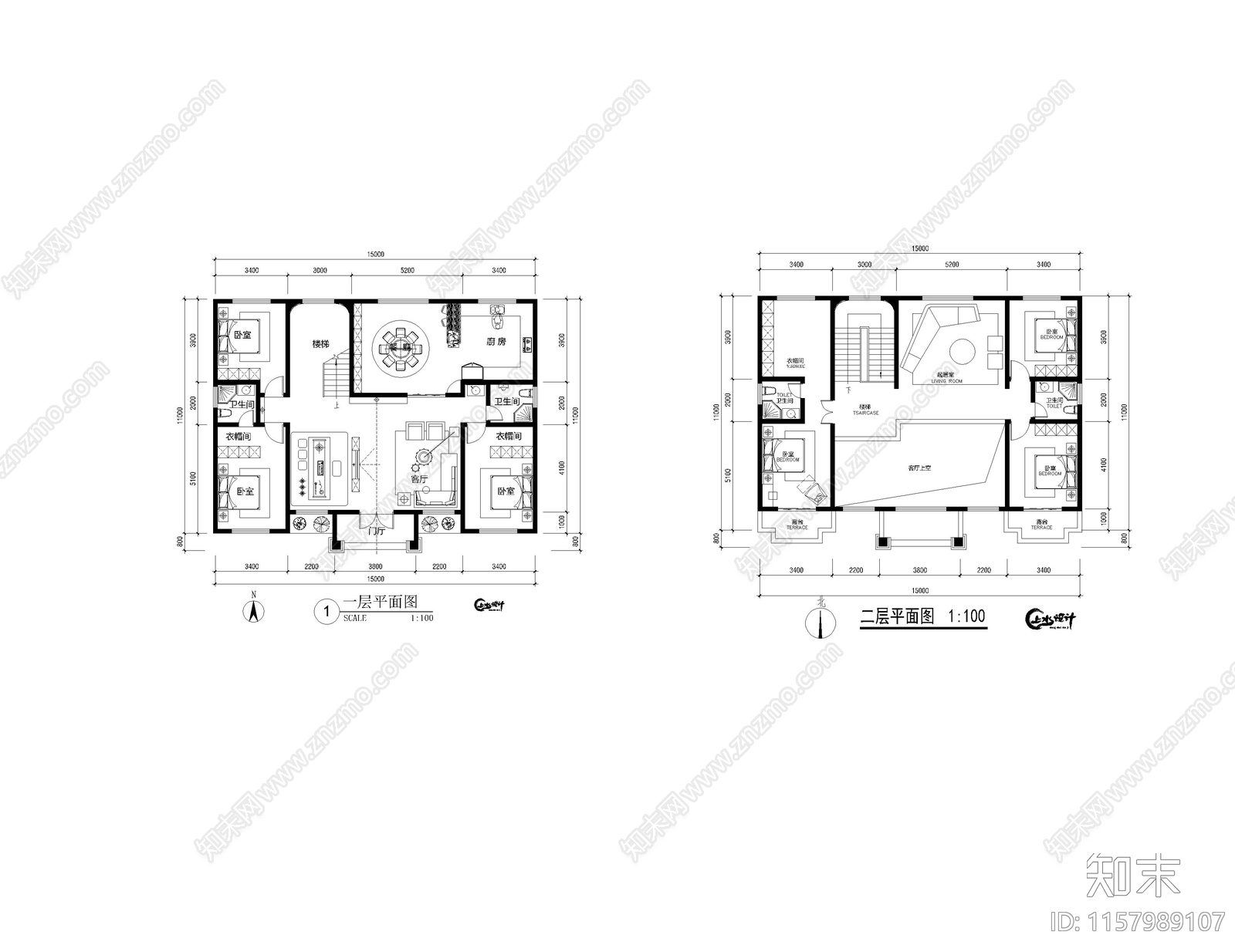 面宽15米进深11米二层自建房cad施工图下载【ID:1157989107】