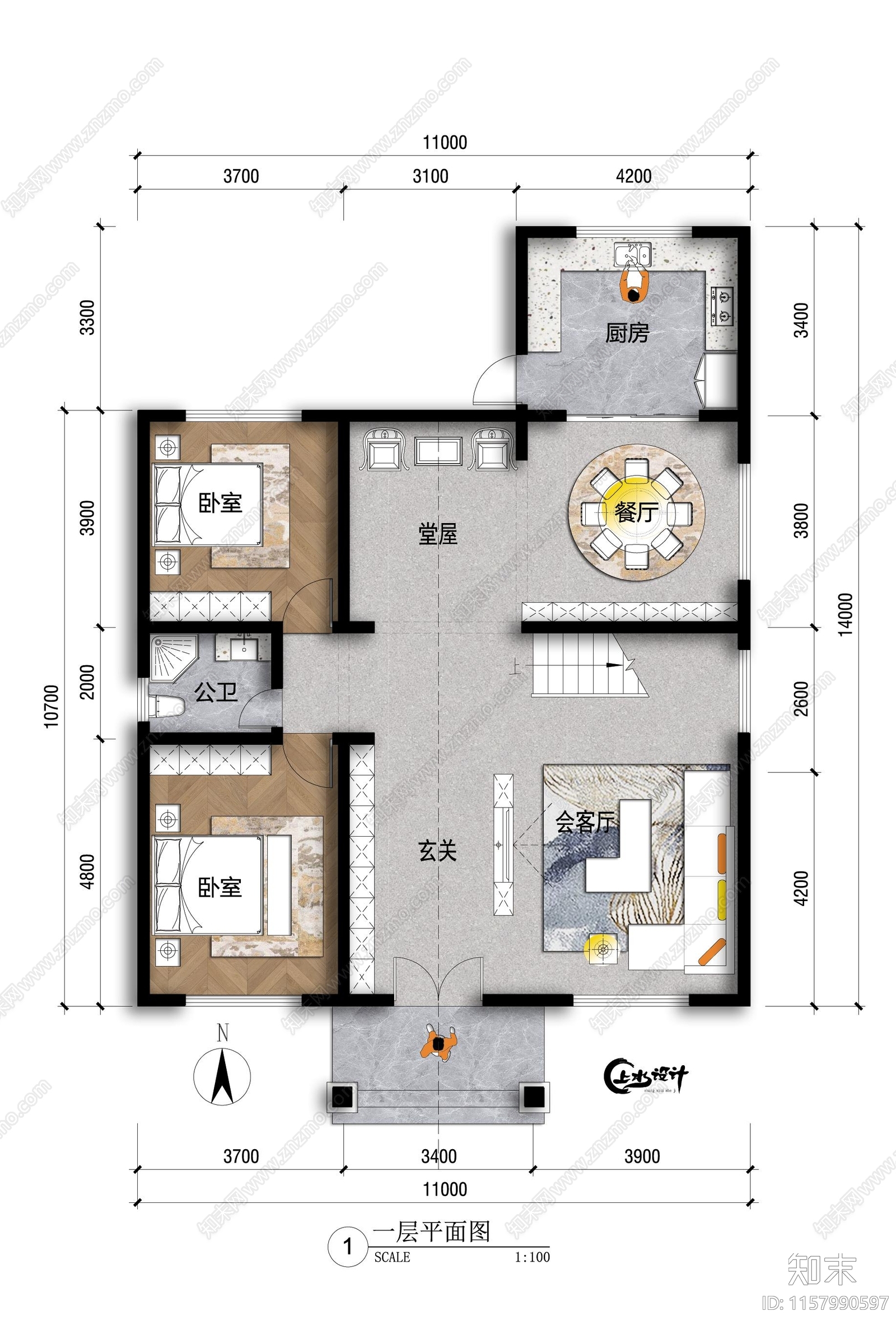 面宽11米进深14米二层自建房cad施工图下载【ID:1157990597】