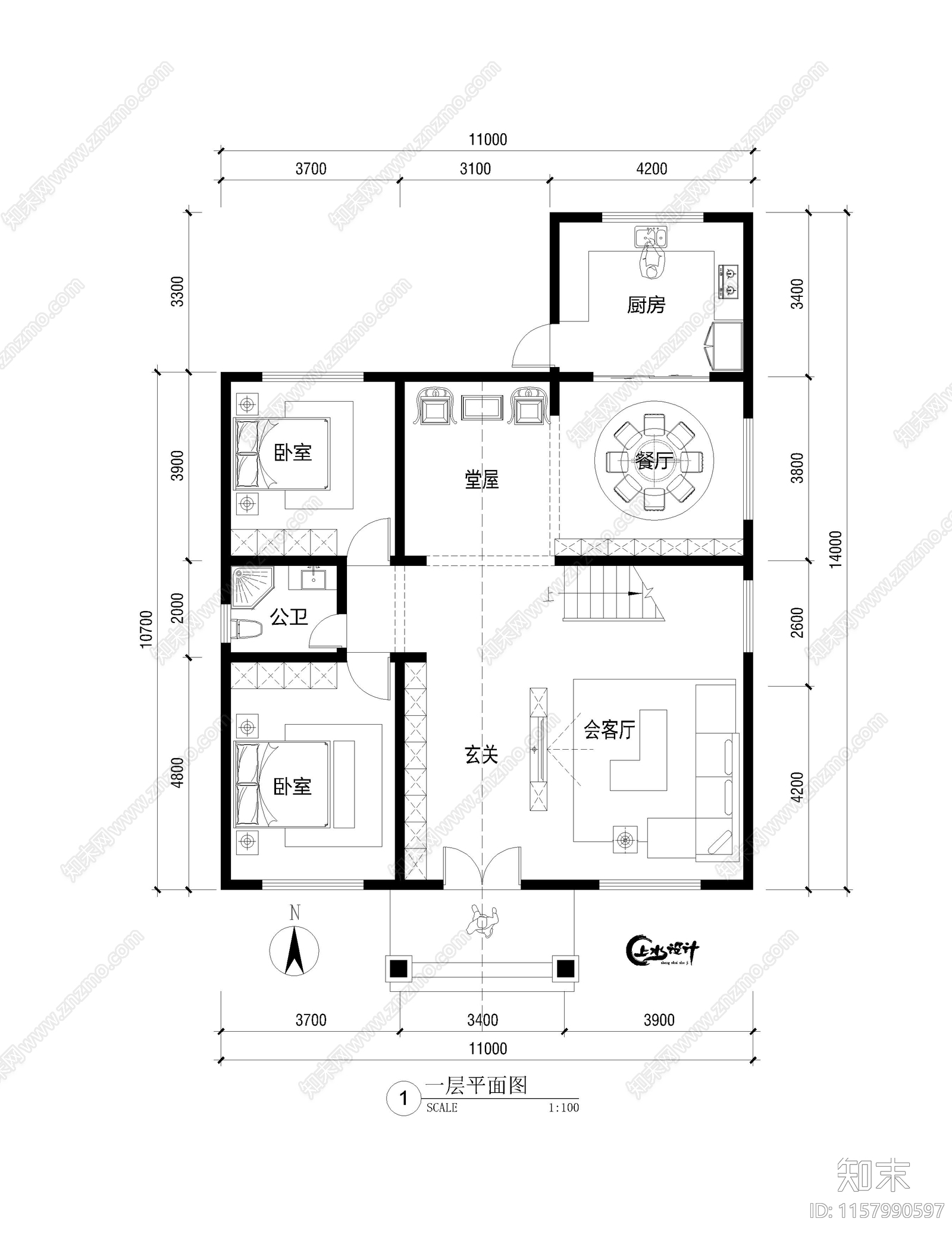 面宽11米进深14米二层自建房cad施工图下载【ID:1157990597】