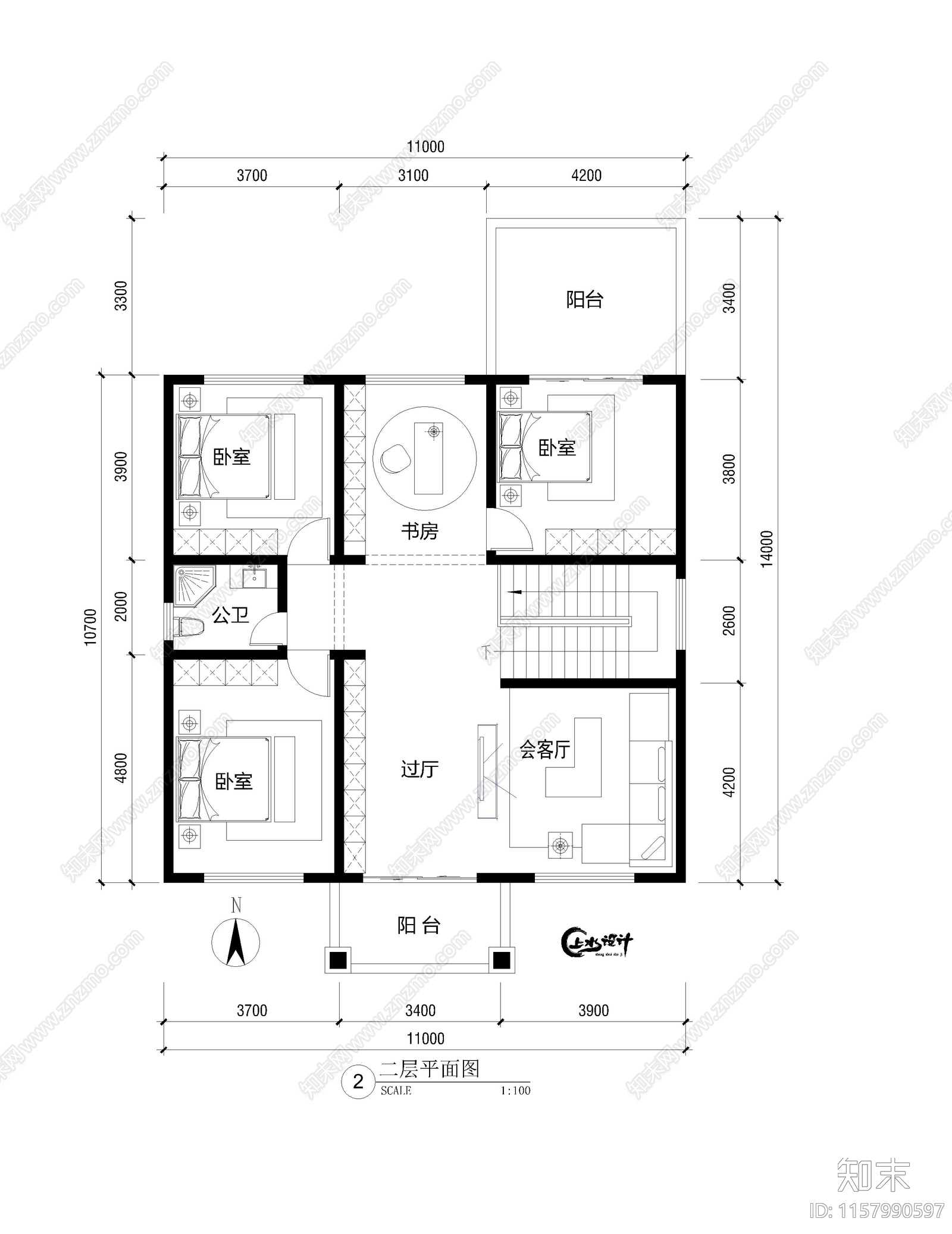 面宽11米进深14米二层自建房cad施工图下载【ID:1157990597】