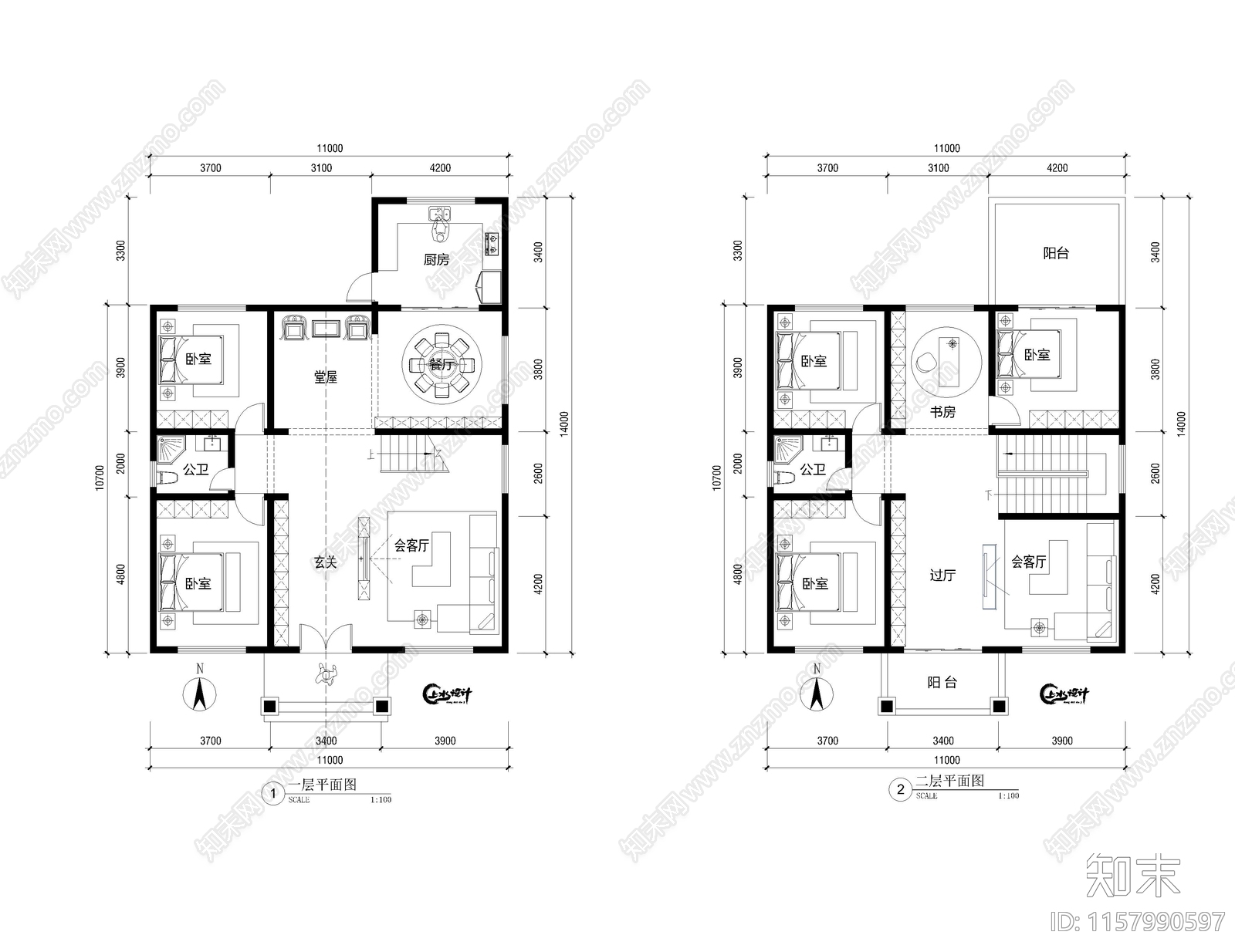 面宽11米进深14米二层自建房cad施工图下载【ID:1157990597】