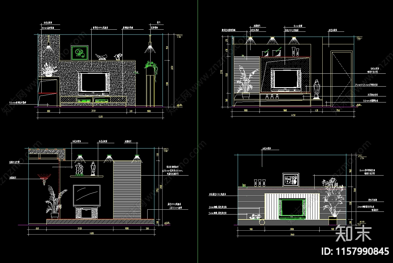 240套客厅装修电视背景墙图集cad施工图下载【ID:1157990845】