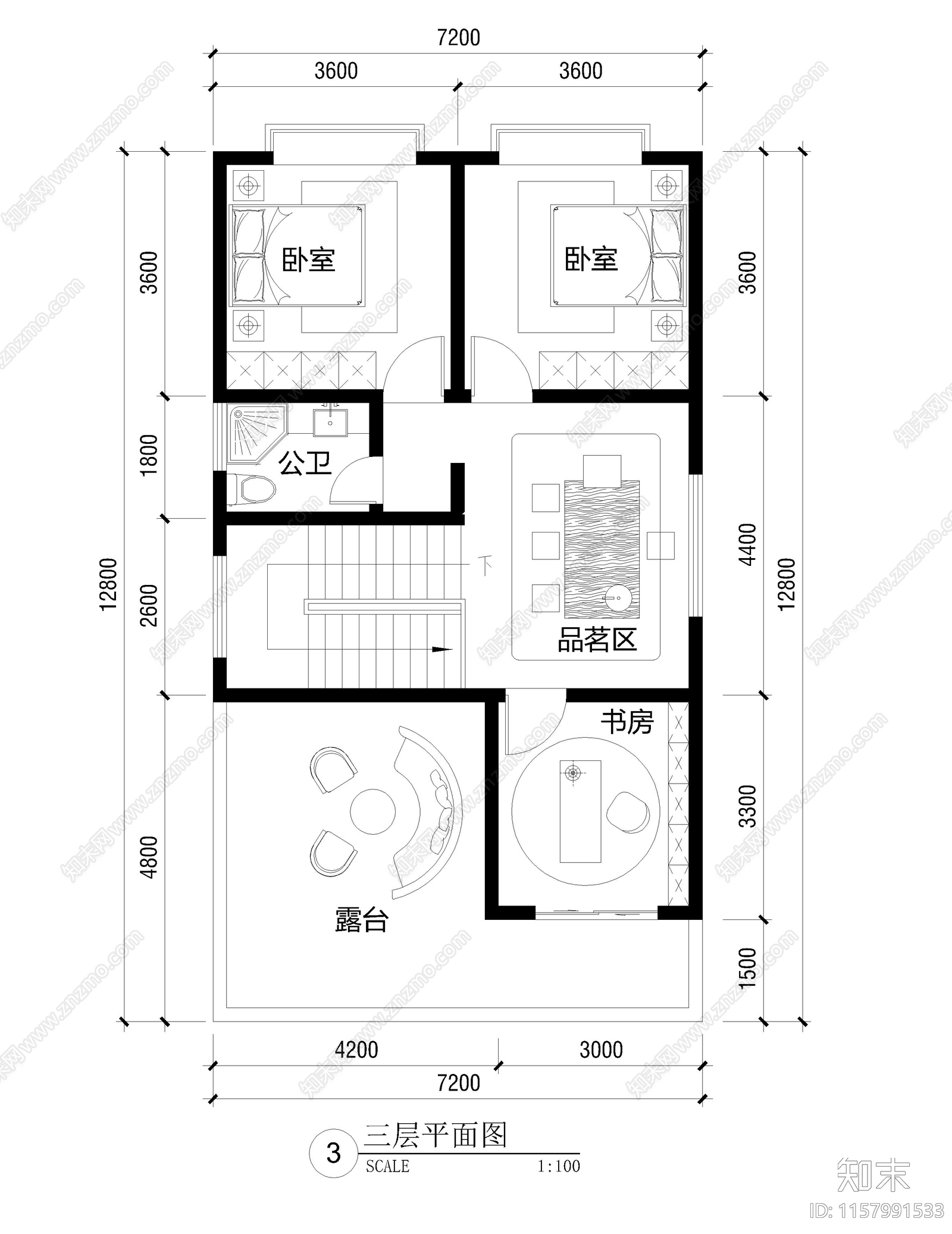 面宽7米进深13米三层自建房cad施工图下载【ID:1157991533】