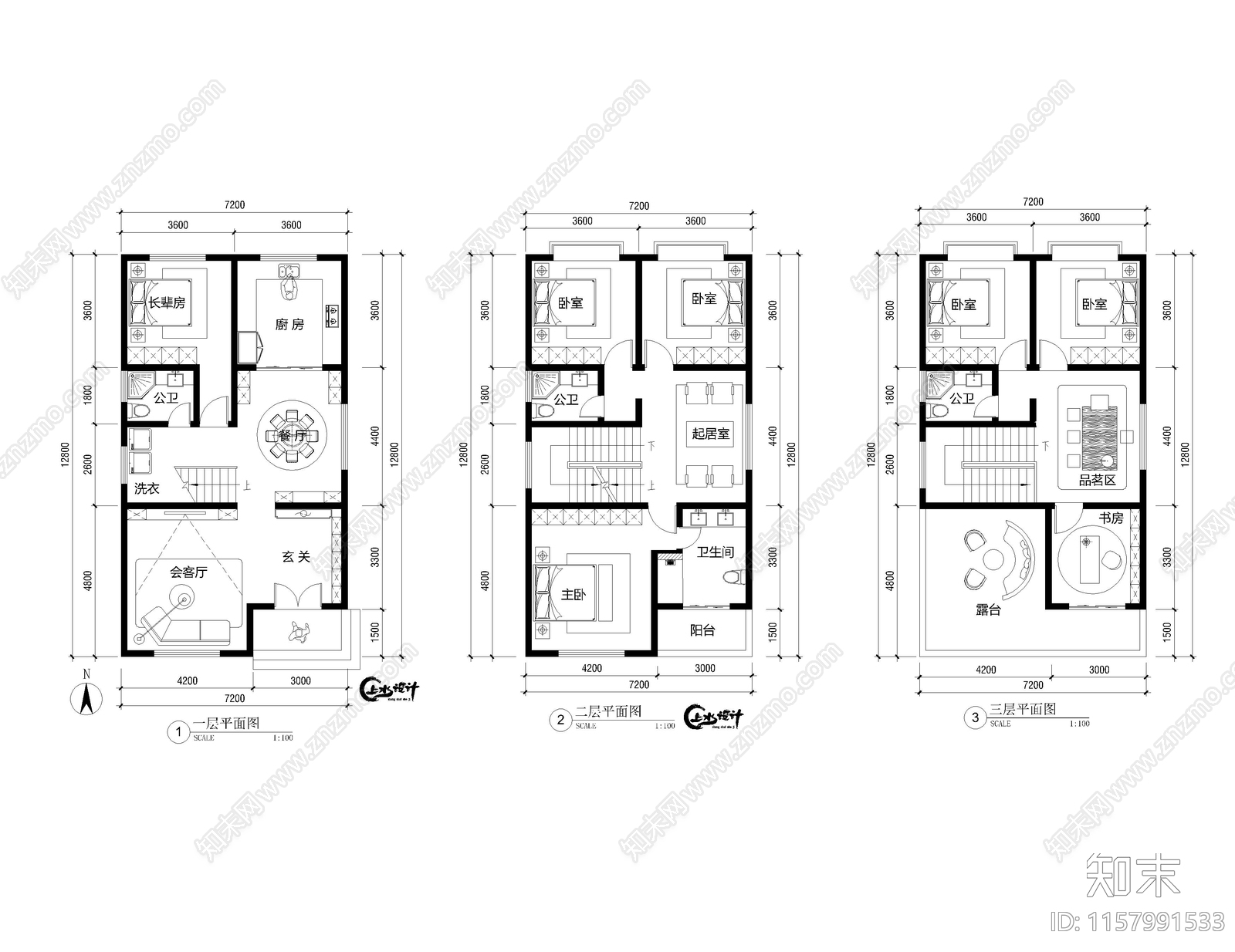 面宽7米进深13米三层自建房cad施工图下载【ID:1157991533】