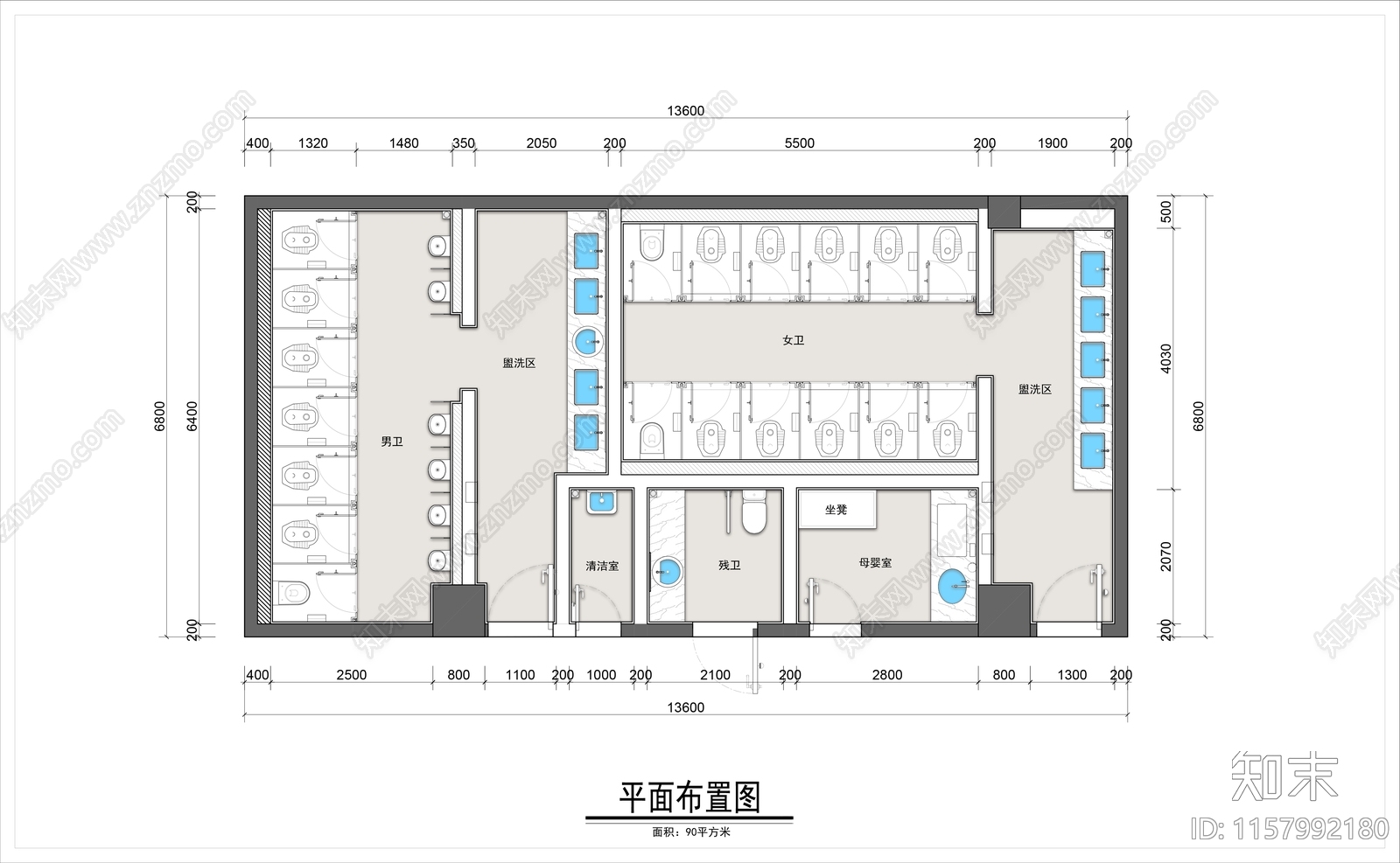90平米商场公共卫生间平面布置图施工图下载【ID:1157992180】