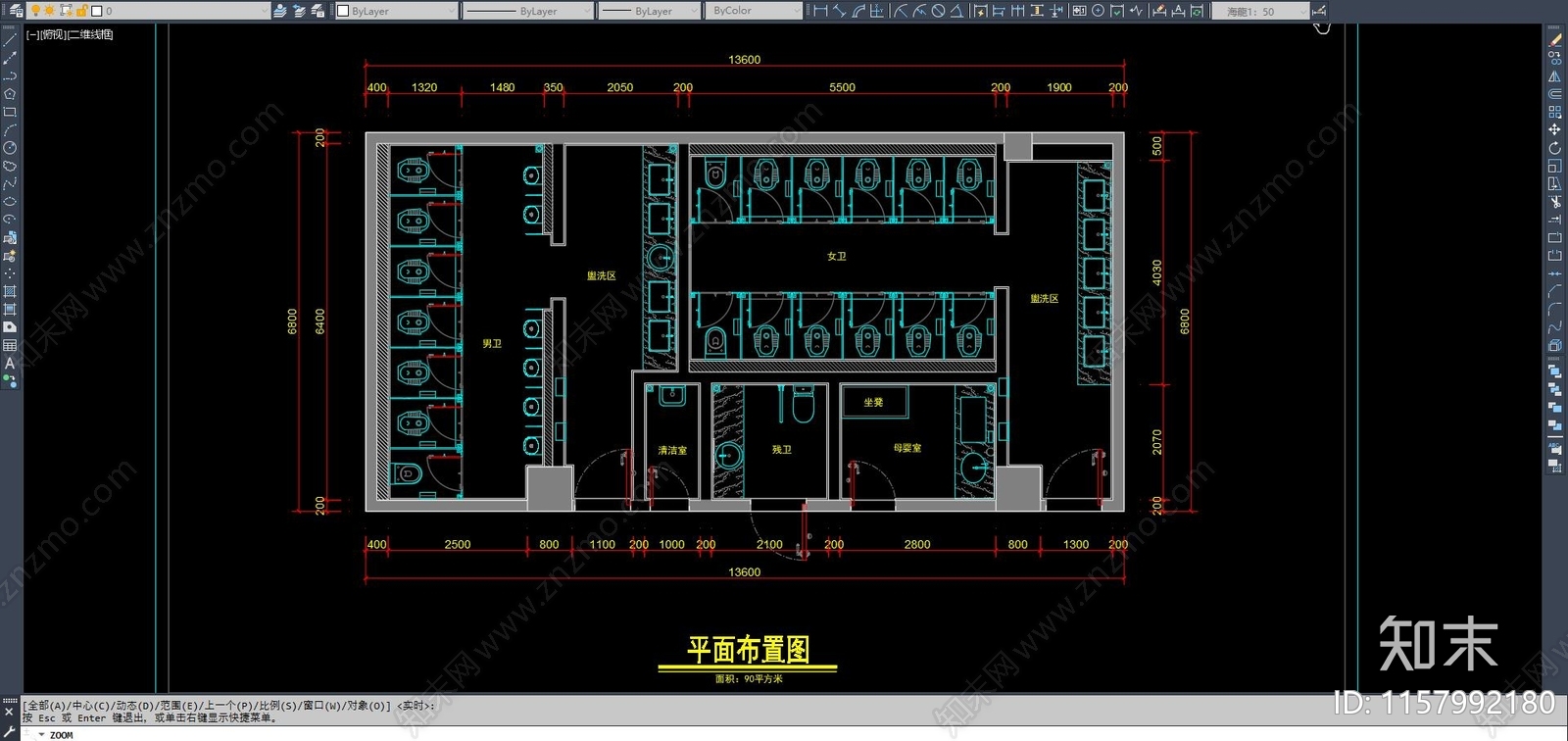 90平米商场公共卫生间平面布置图cad施工图下载【ID:1157992180】