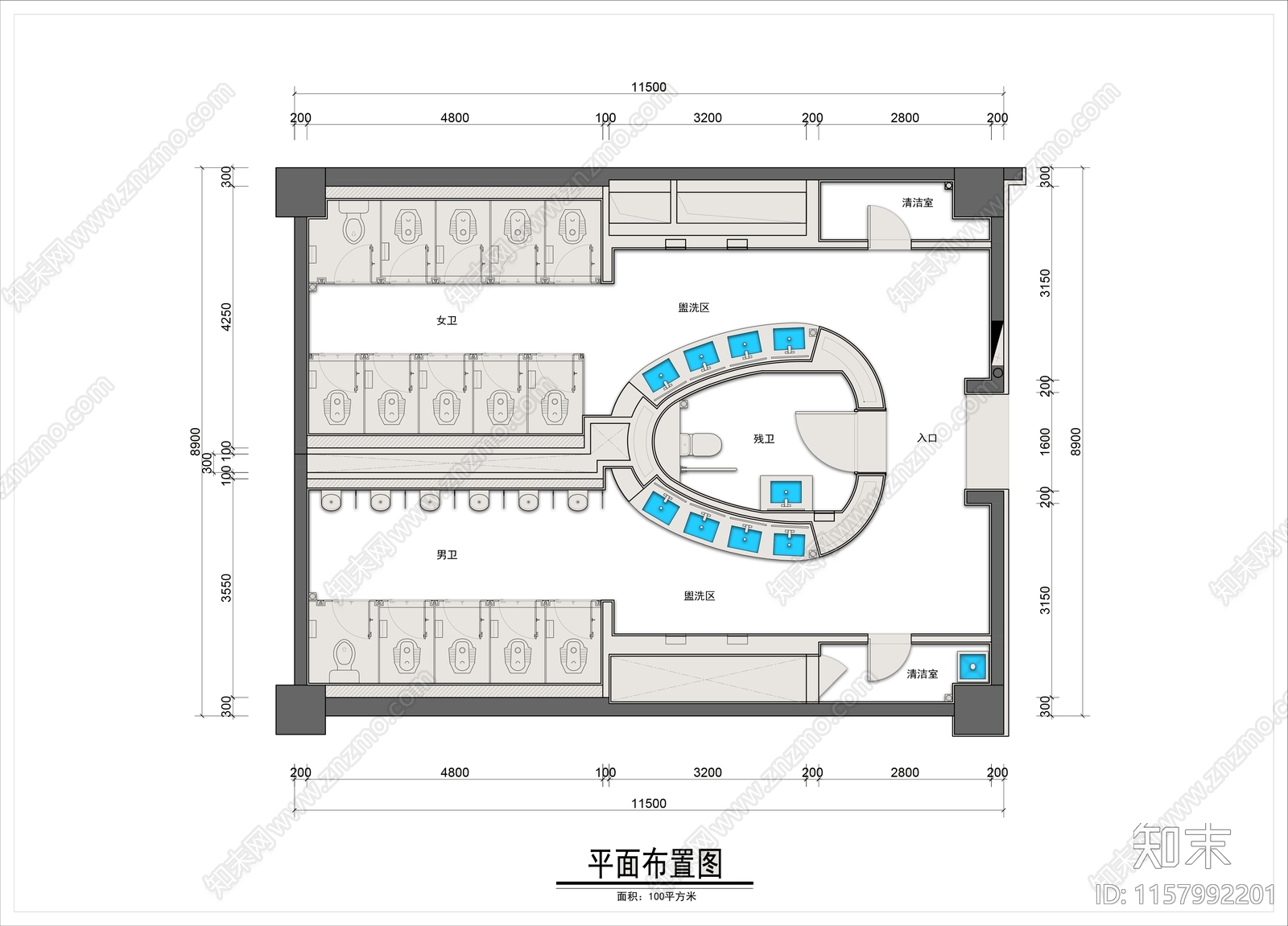 100平米商场公共卫生间平面布置图cad施工图下载【ID:1157992201】