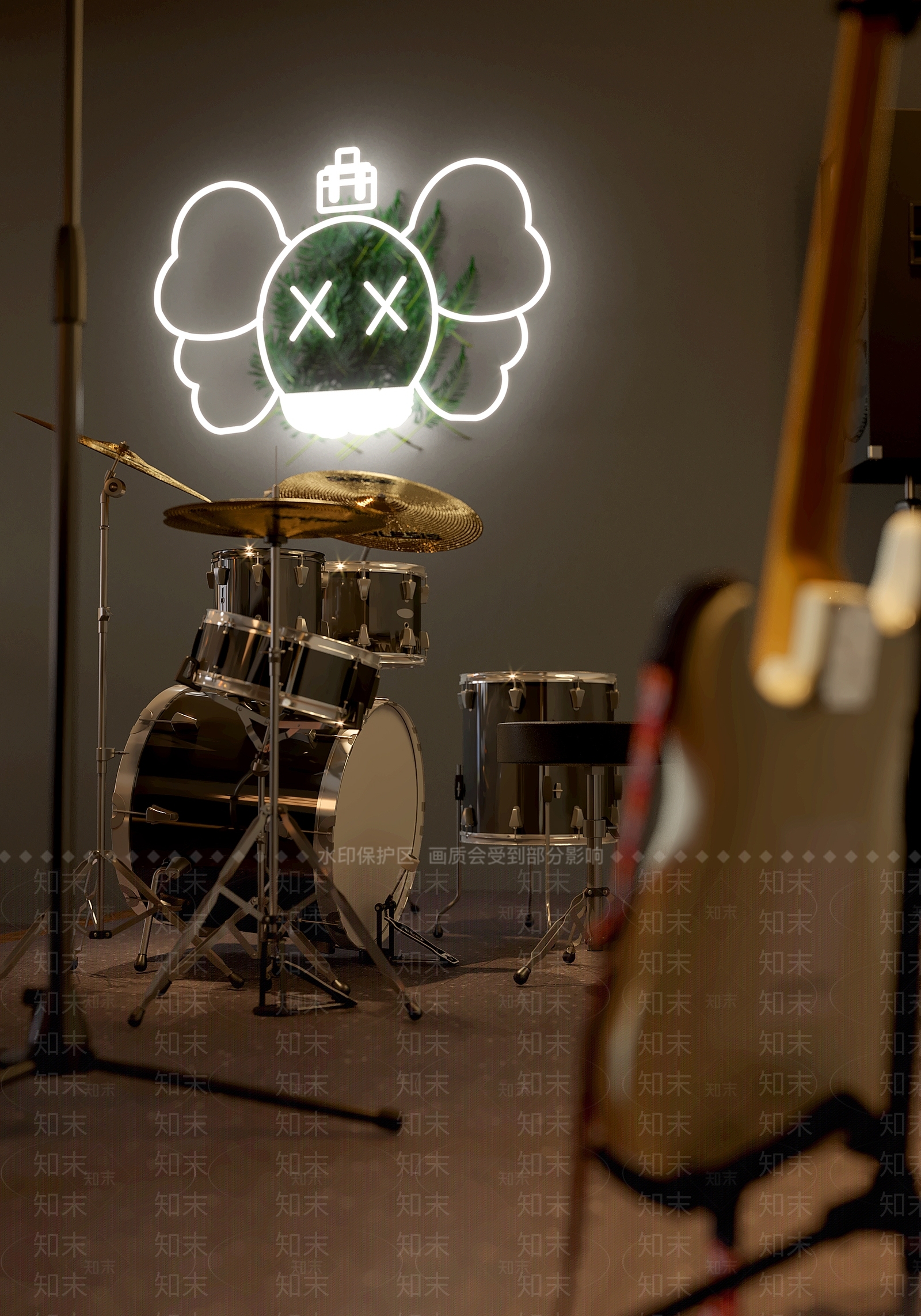 现代酒吧乐器架子鼓组合3D模型下载【ID:1157996817】
