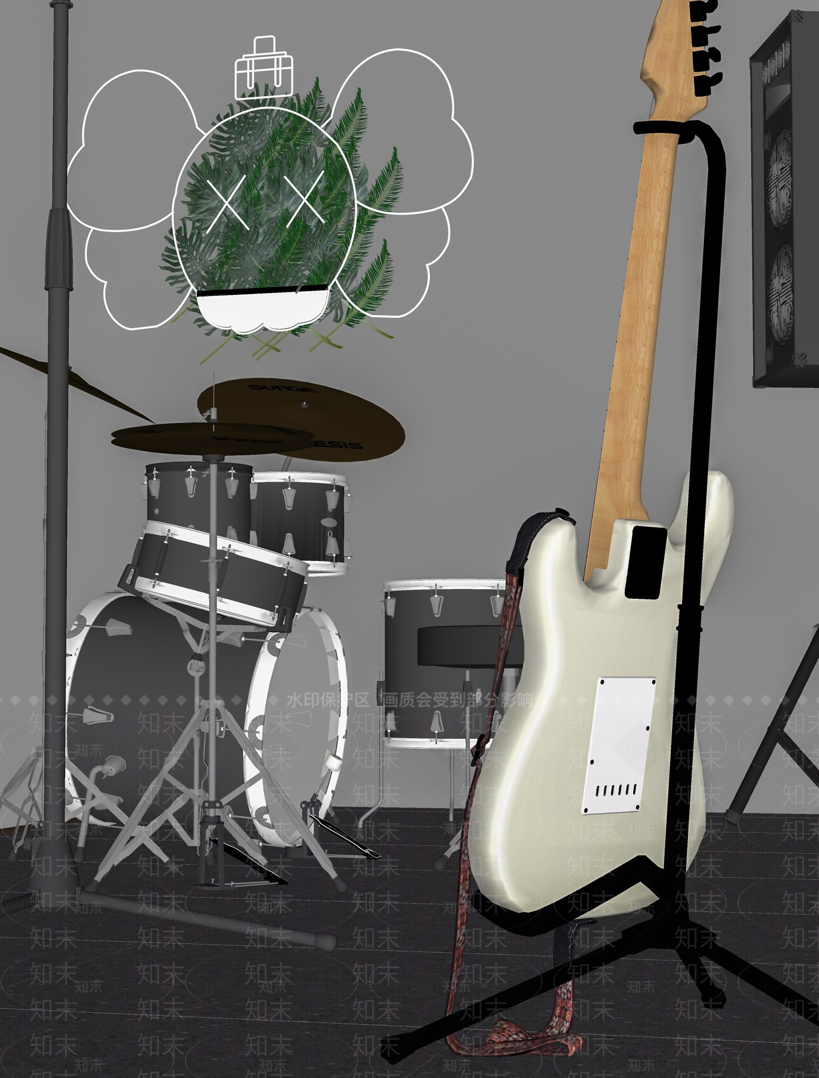 现代酒吧乐器架子鼓组合SU模型下载【ID:1157996904】