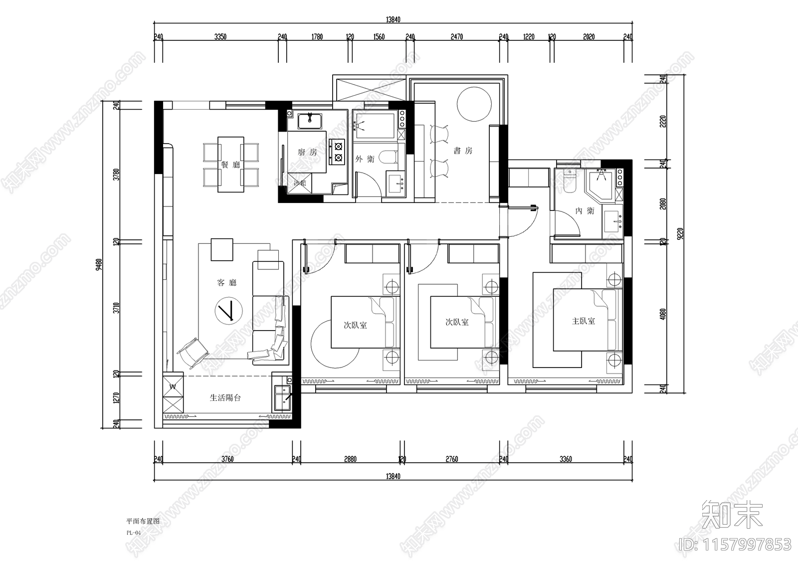 奶油风平层室内装修设计图cad施工图下载【ID:1157997853】