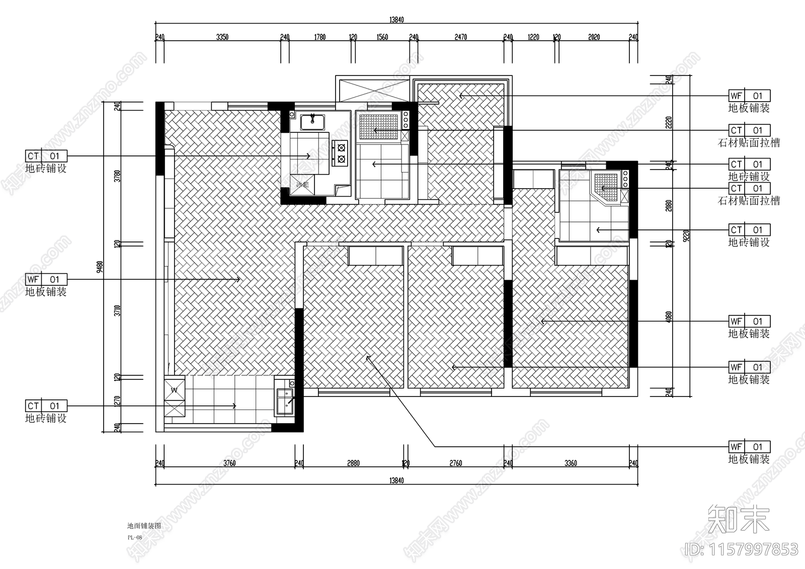 奶油风平层室内装修设计图cad施工图下载【ID:1157997853】