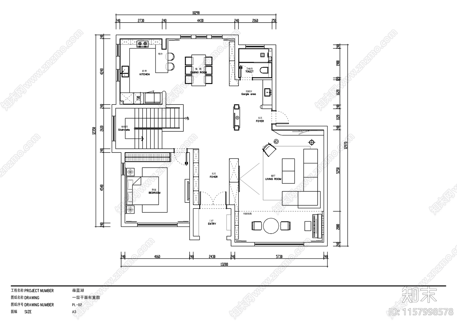 奶油风平层室内装修设计图cad施工图下载【ID:1157998578】