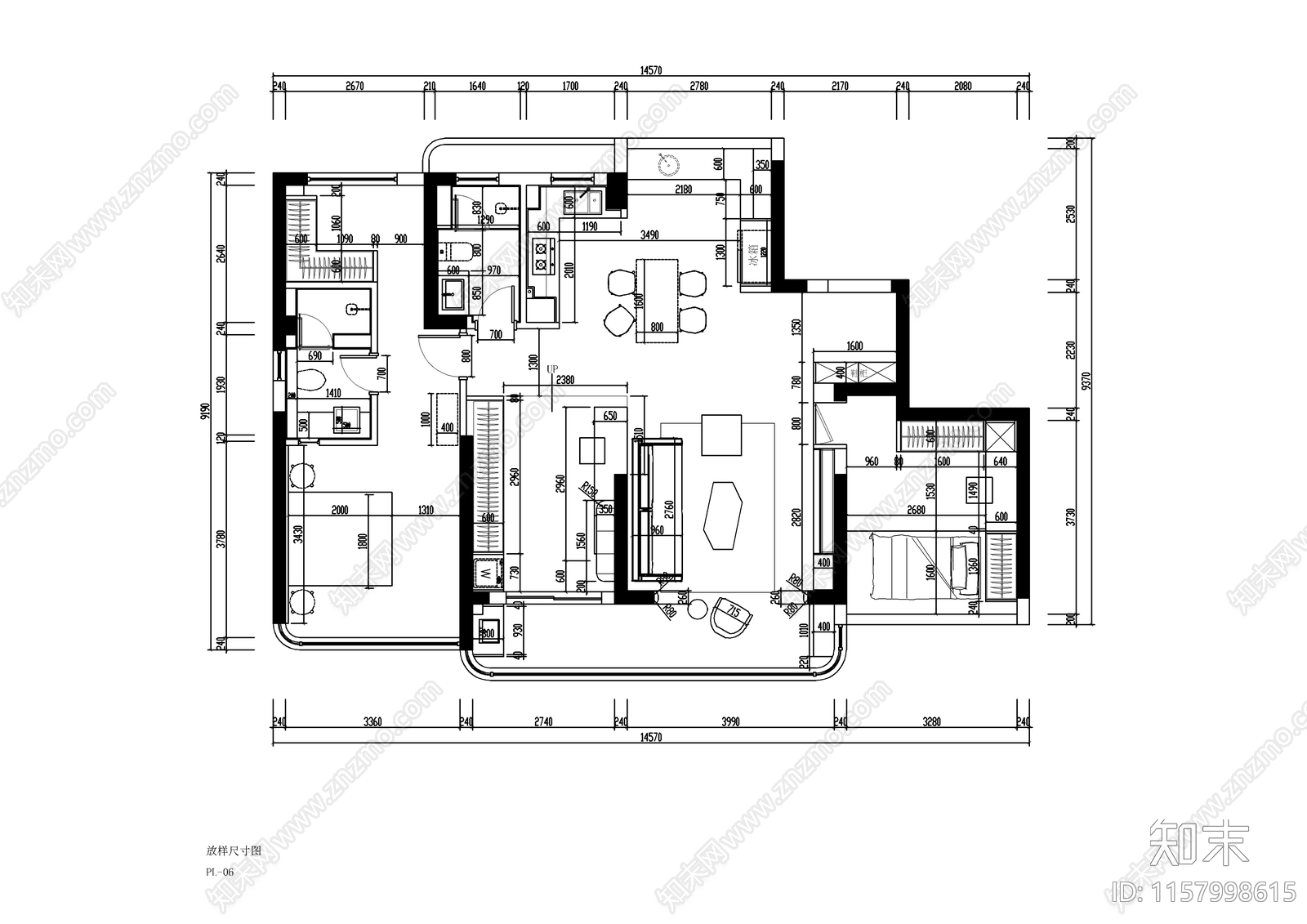 奶油风大平层室内装修设计图cad施工图下载【ID:1157998615】