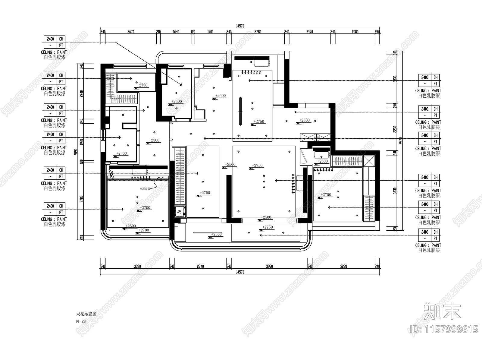 奶油风大平层室内装修设计图cad施工图下载【ID:1157998615】