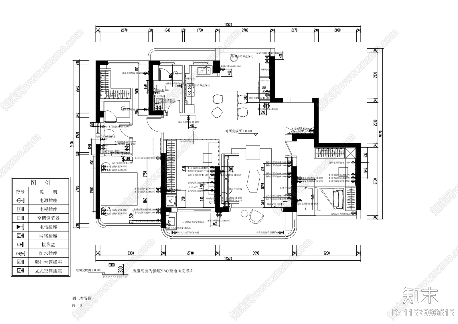 奶油风大平层室内装修设计图cad施工图下载【ID:1157998615】