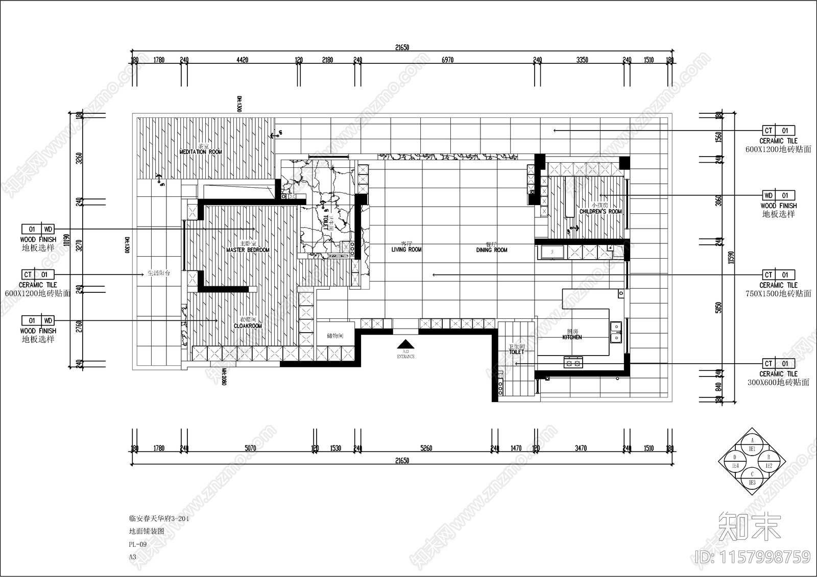 奶油风大平层室内装修设计图cad施工图下载【ID:1157998759】