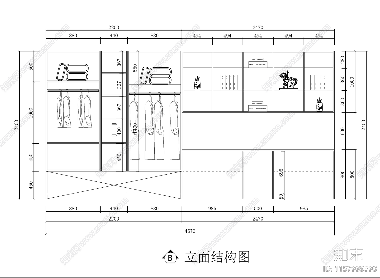 现代榻榻米衣柜cad施工图下载【ID:1157999393】