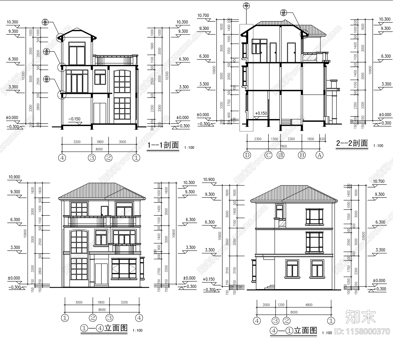 现代三层别墅建筑设计cad施工图下载【ID:1158000370】