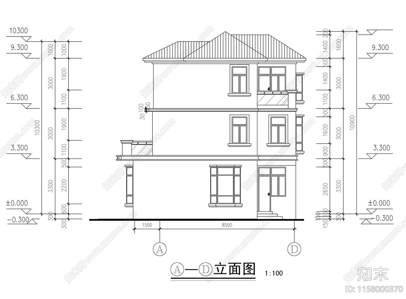 现代三层别墅建筑设计cad施工图下载【ID:1158000370】