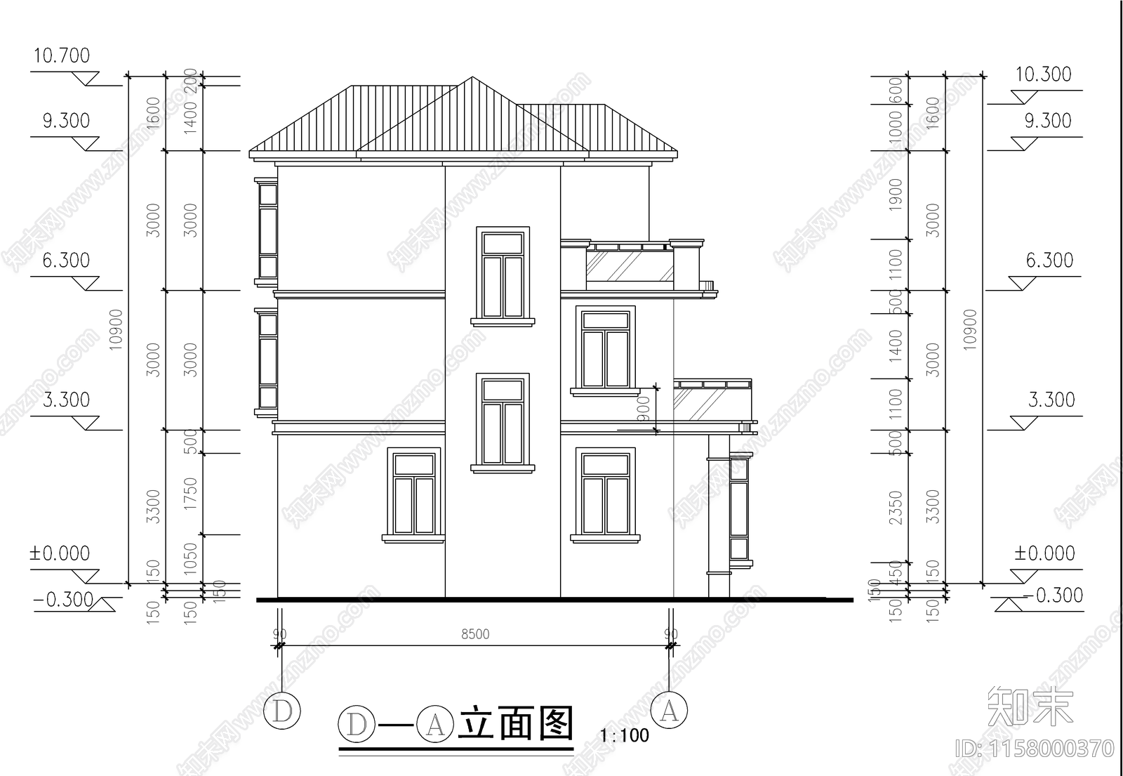 现代三层别墅建筑设计cad施工图下载【ID:1158000370】