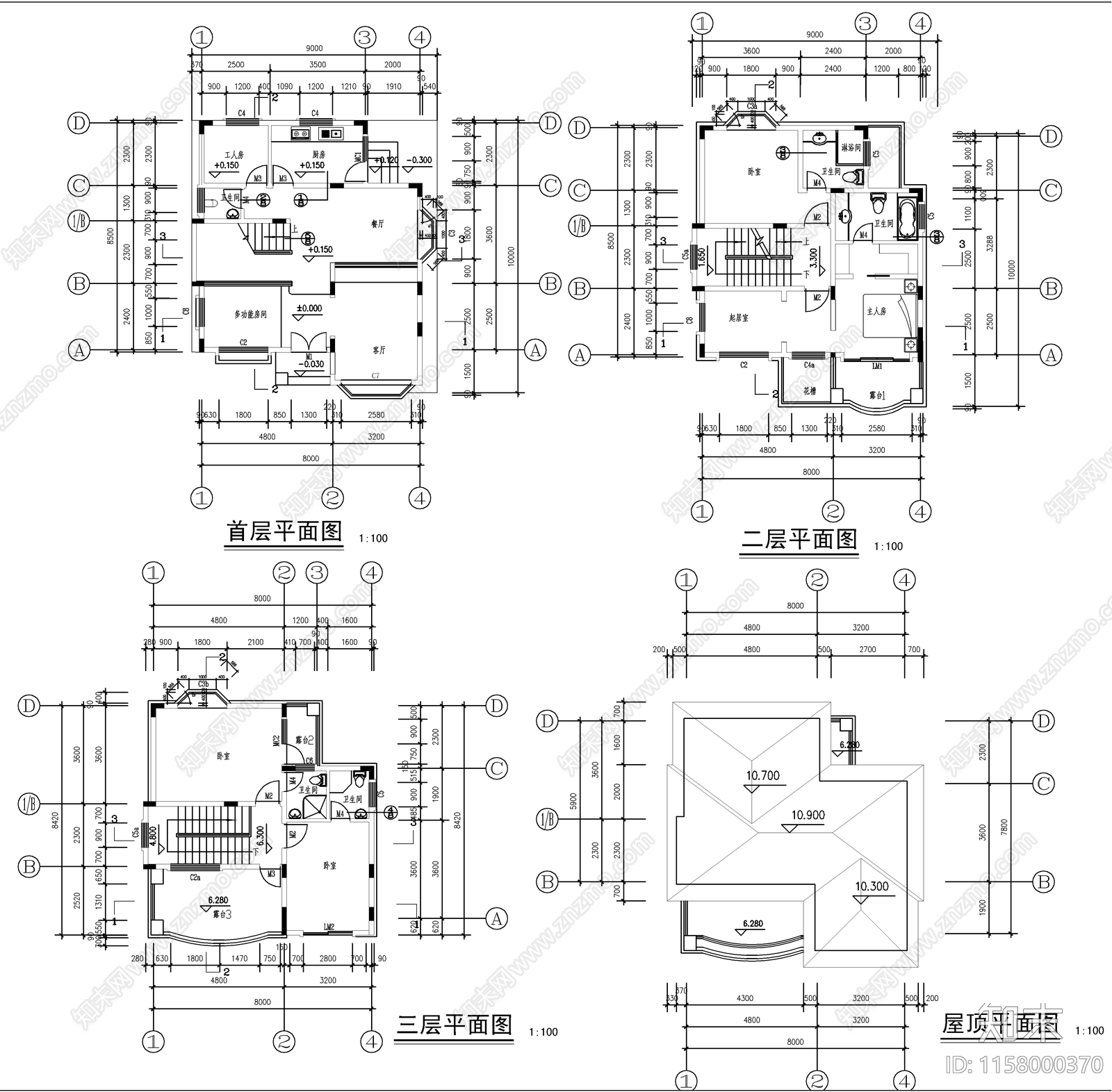 现代三层别墅建筑设计cad施工图下载【ID:1158000370】