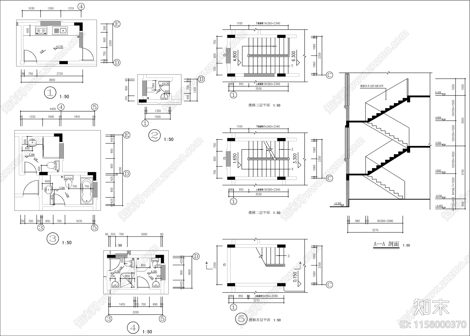 现代三层别墅建筑设计cad施工图下载【ID:1158000370】